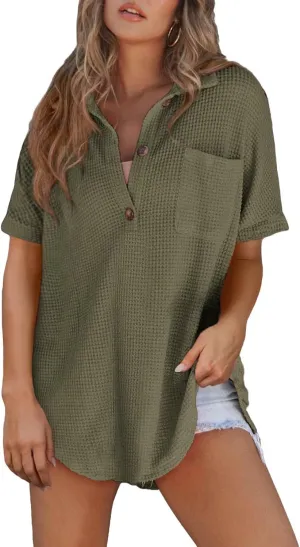 Astylish Women Waffle Knit Tops Henley Shirts Short Sleeve V Neck Solid Color Casual Tunic