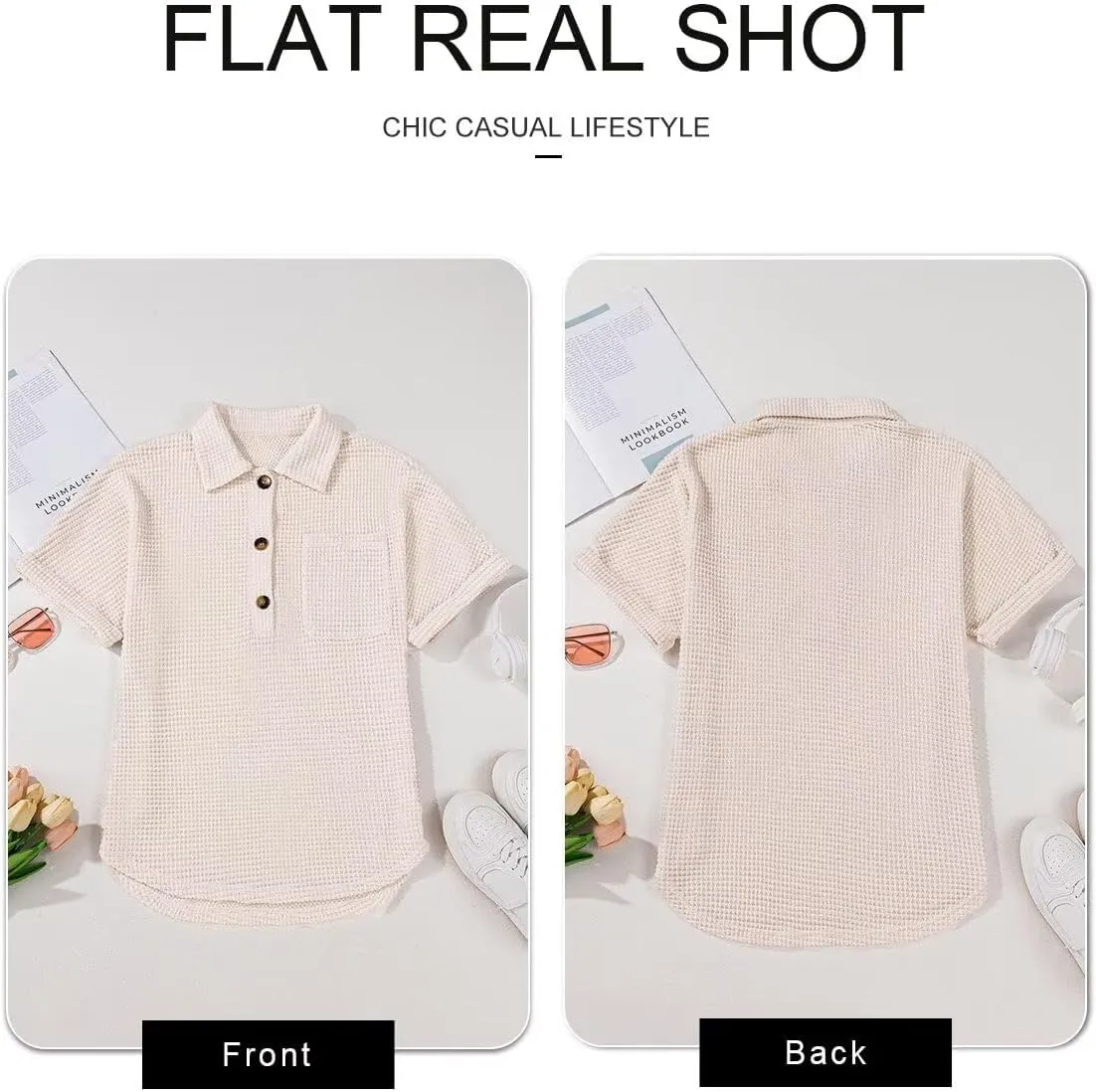 Astylish Women Waffle Knit Tops Henley Shirts Short Sleeve V Neck Solid Color Casual Tunic
