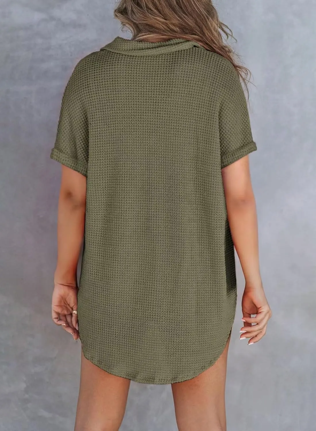 Astylish Women Waffle Knit Tops Henley Shirts Short Sleeve V Neck Solid Color Casual Tunic