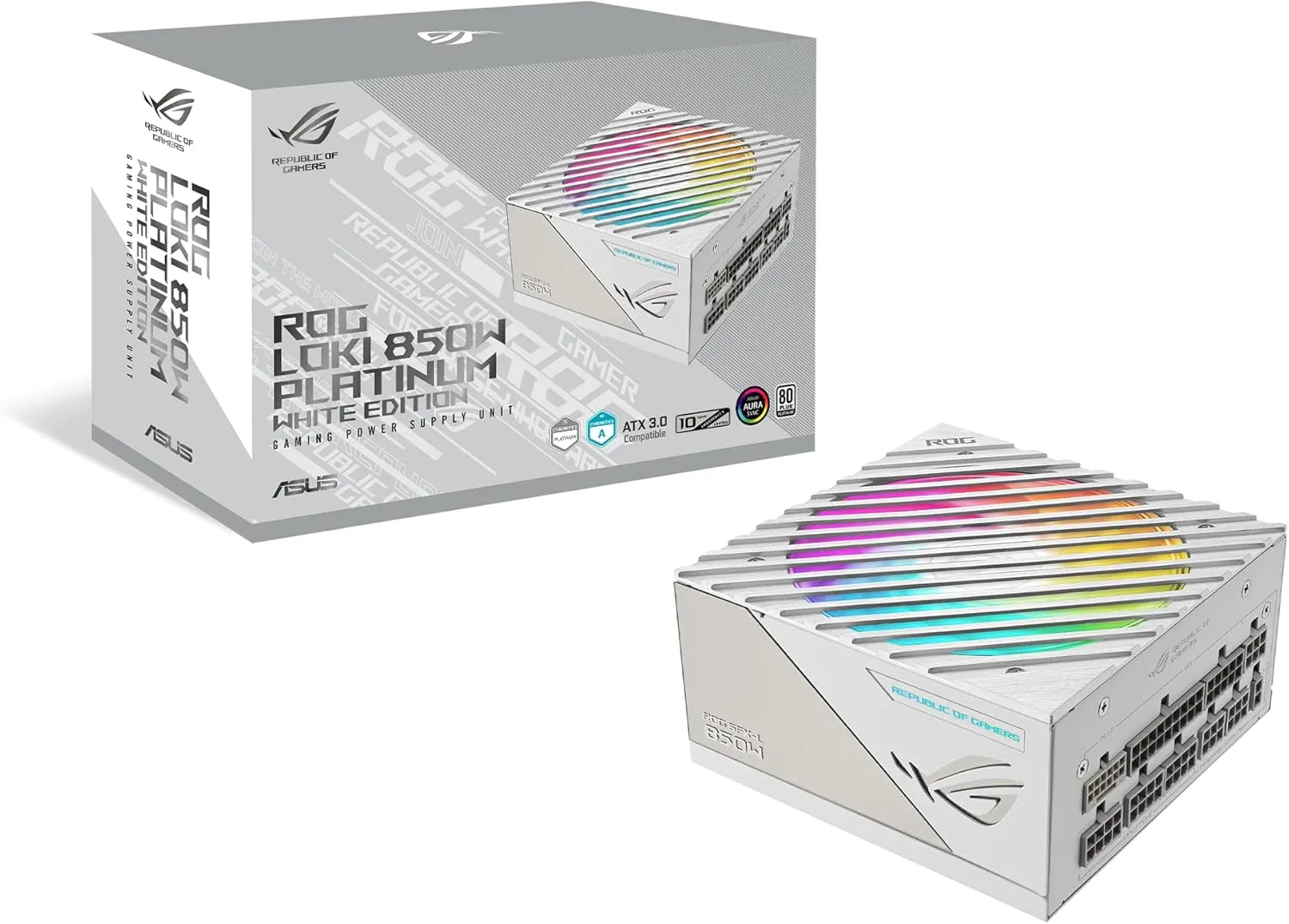 ASUS ROG Loki SFX-L 850W Platinum White Edition (Fully Modular Power Supply, 80  Platinum, 120mm PWM ARGB Fan, Aura Sync, ATX 3.0 Compatible, PCIe 5.0 Ready, 10 Year Warranty)
