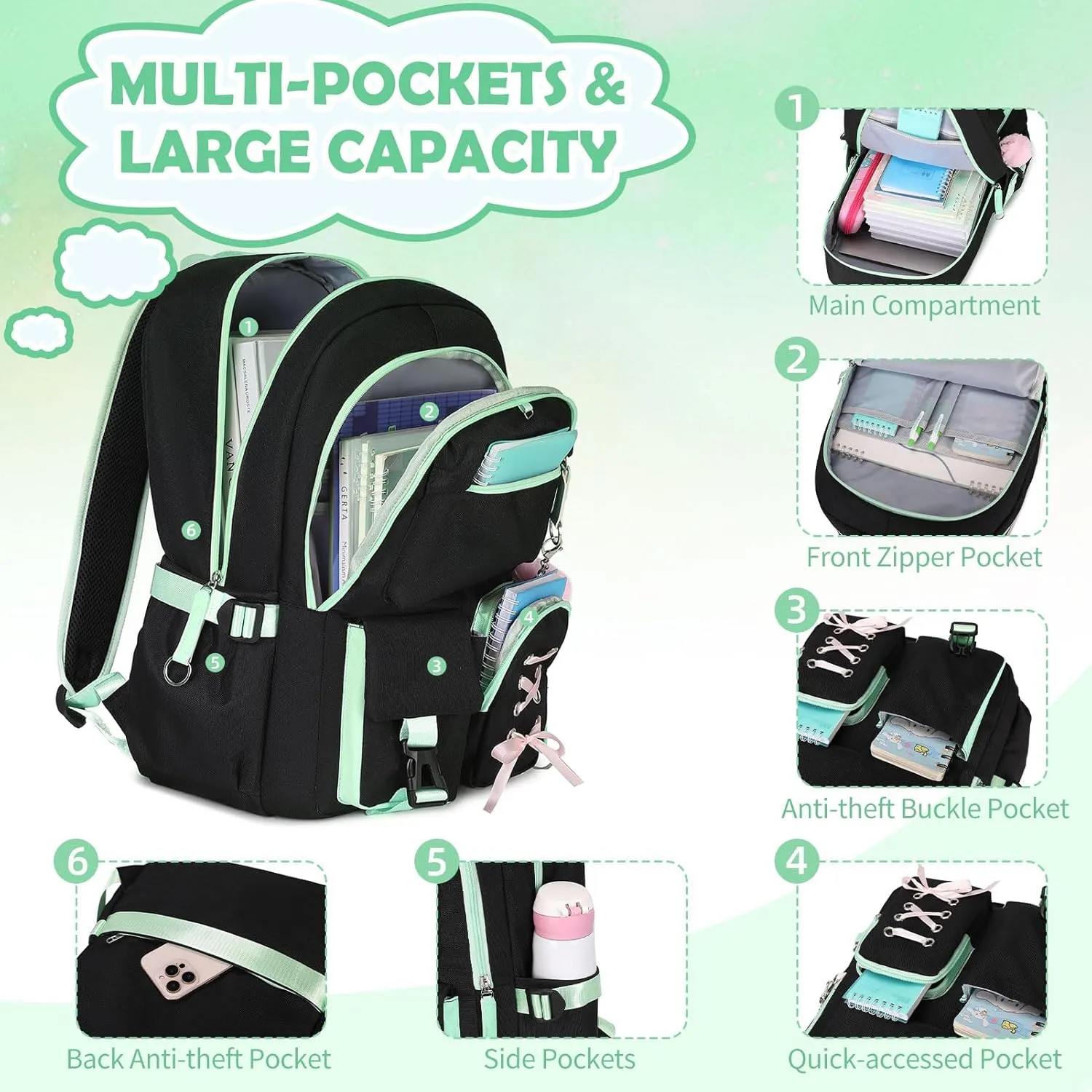 Backpacks for Girls, Girls Backpack with Lunch Box and Pencil Case for Teen Kid Elementary Middle High School College Student, Children Backpack Bookbag with USB Charging Port (Black Green with Chain)