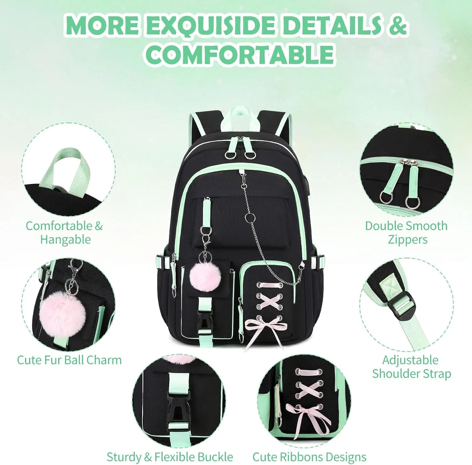 Backpacks for Girls, Girls Backpack with Lunch Box and Pencil Case for Teen Kid Elementary Middle High School College Student, Children Backpack Bookbag with USB Charging Port (Black Green with Chain)