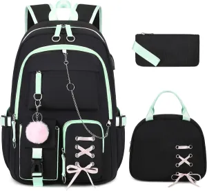 Backpacks for Girls, Girls Backpack with Lunch Box and Pencil Case for Teen Kid Elementary Middle High School College Student, Children Backpack Bookbag with USB Charging Port (Black Green with Chain)