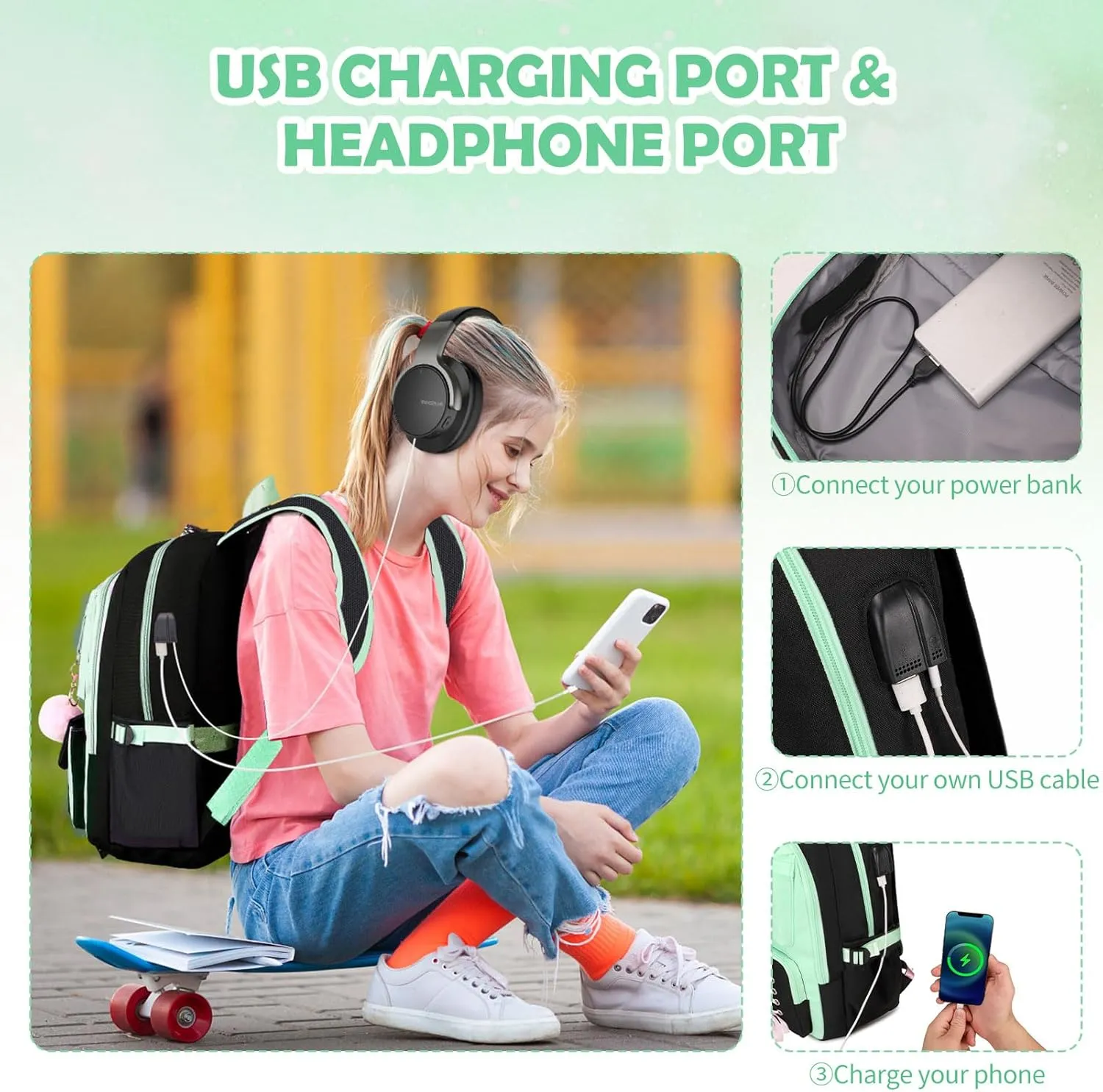 Backpacks for Girls, Girls Backpack with Lunch Box and Pencil Case for Teen Kid Elementary Middle High School College Student, Children Backpack Bookbag with USB Charging Port (Black Green with Chain)