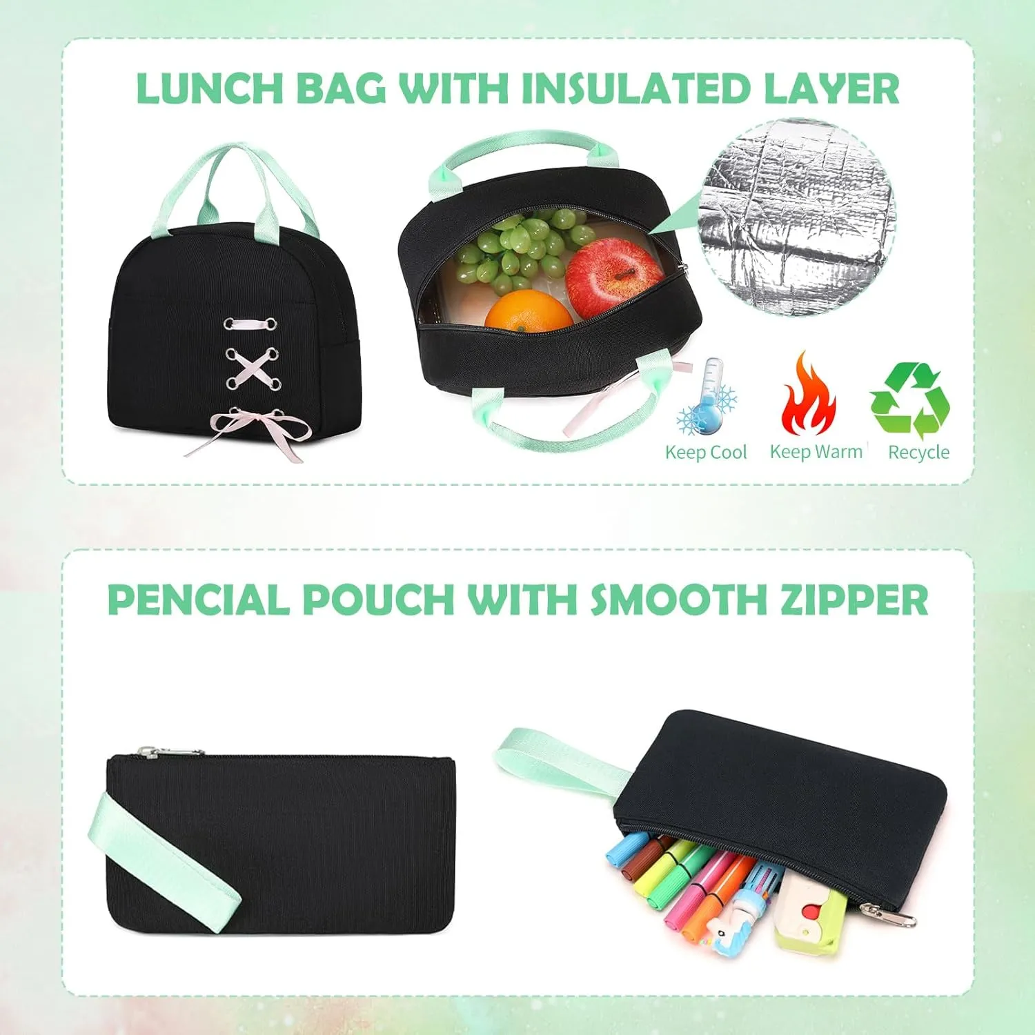 Backpacks for Girls, Girls Backpack with Lunch Box and Pencil Case for Teen Kid Elementary Middle High School College Student, Children Backpack Bookbag with USB Charging Port (Black Green with Chain)