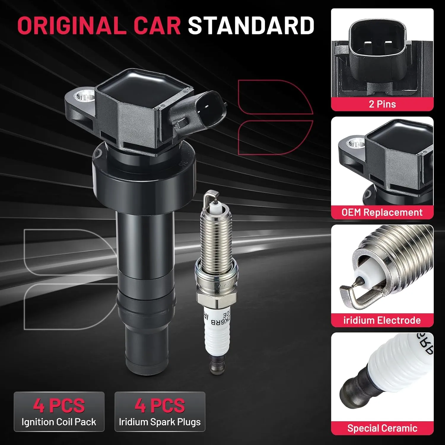 BDFHYK Coil Pack UF652 and Iridium Spark Plugs 93815 Compatible with Hyundai Accent Veloster Kia Rio Soul 1.6L 2.0L L4, Sets of 4