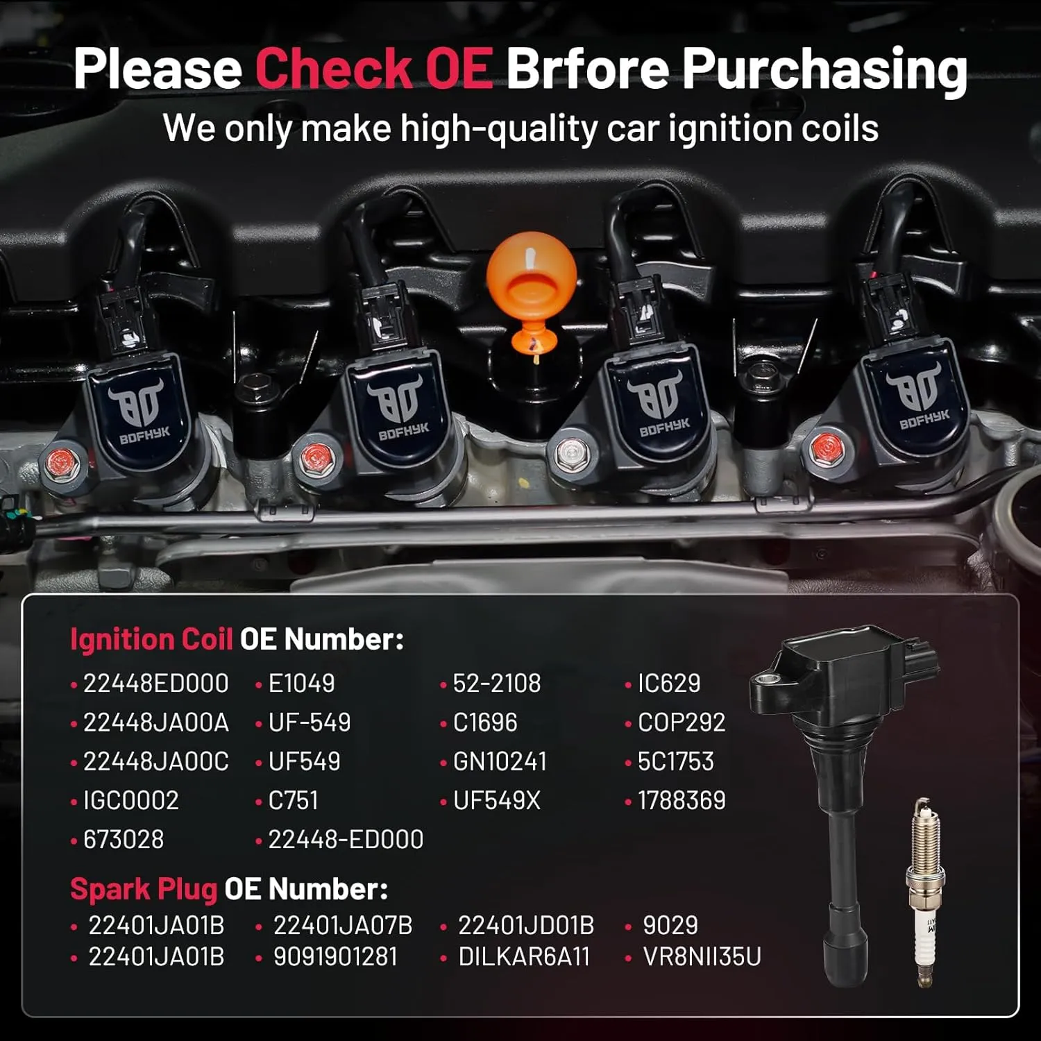 BDFHYK Ignition Coil Pack and Iridium Spark Plugs Compatible with Nissan 2007-2019 Altima Versa Sentra Rogue Cube NV200 UF549 9029, Sets of 4