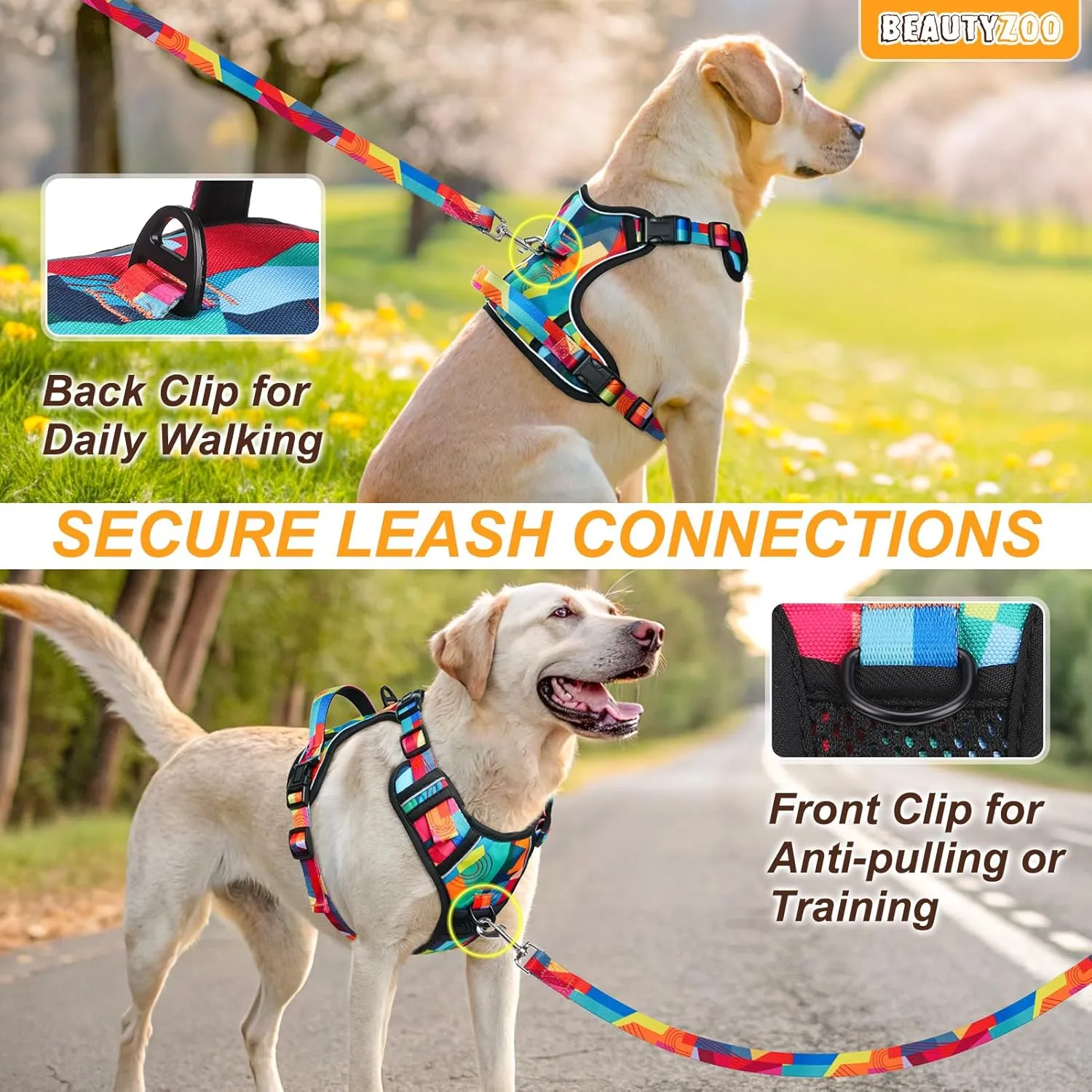 BEAUTYZOO No Pull Dog Harness Small, Adjustable Dog Harness and Leash Set -Easy Wearing with 3 Buckles/Control Handle,No Choke Soft Padded Reflective Pet Vest for Training Walking Hiking, S