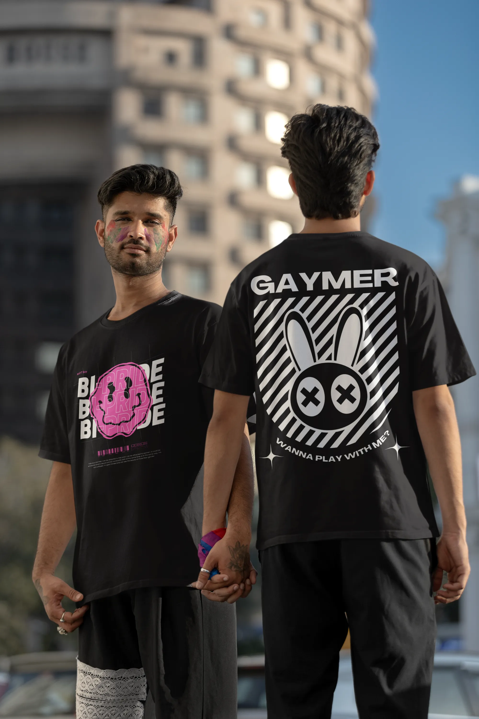 Bi-Pride Graphic Tee Pink Smiley Bisexual  Pride & Not Shy on front of Black Oversize Deep Drop Shoulder Tee - 190 GSM
