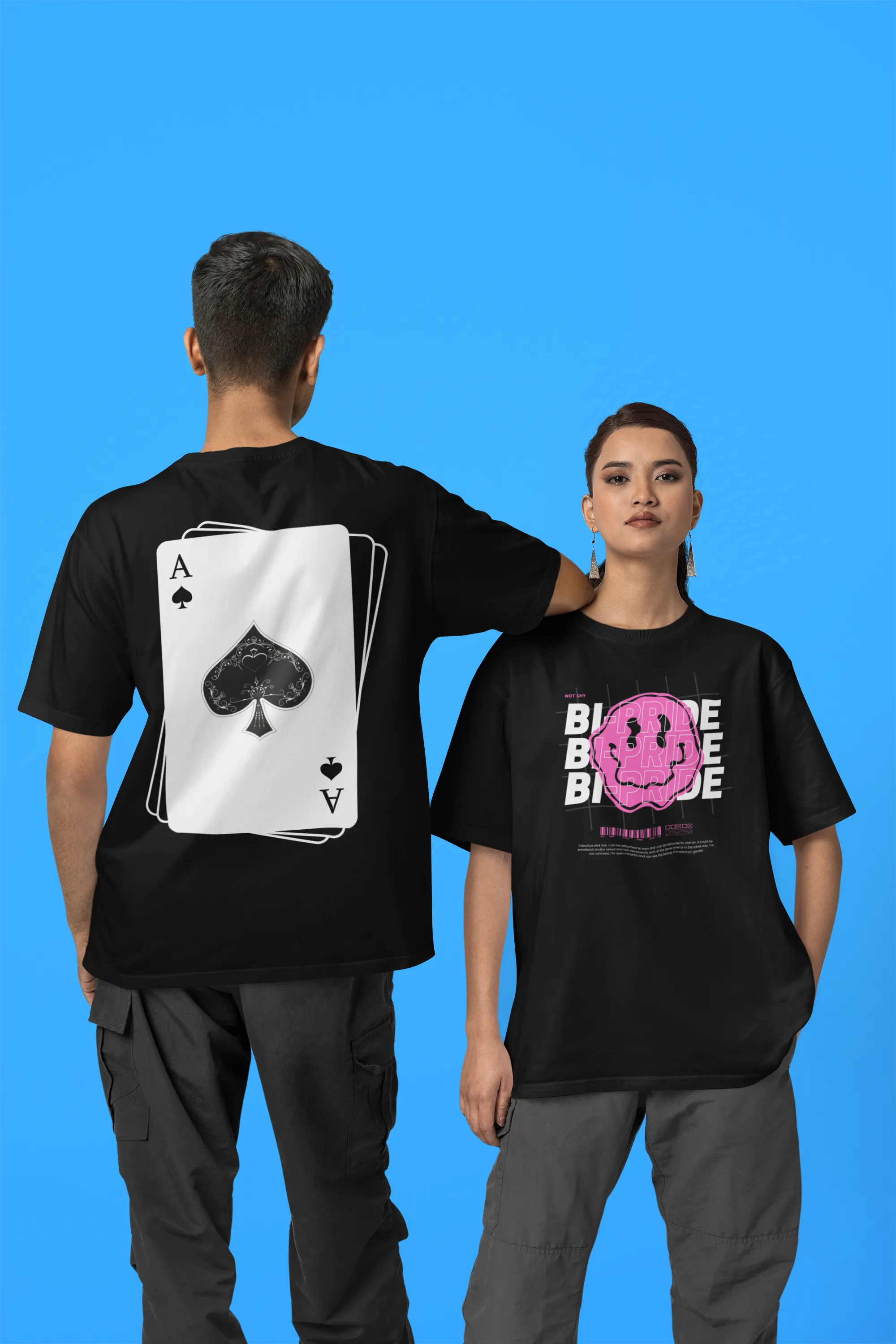 Bi-Pride Graphic Tee Pink Smiley Bisexual  Pride & Not Shy on front of Black Oversize Deep Drop Shoulder Tee - 190 GSM