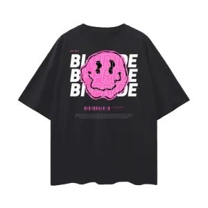 Bi-Pride Graphic Tee Pink Smiley Bisexual  Pride & Not Shy on front of Black Oversize Deep Drop Shoulder Tee - 190 GSM