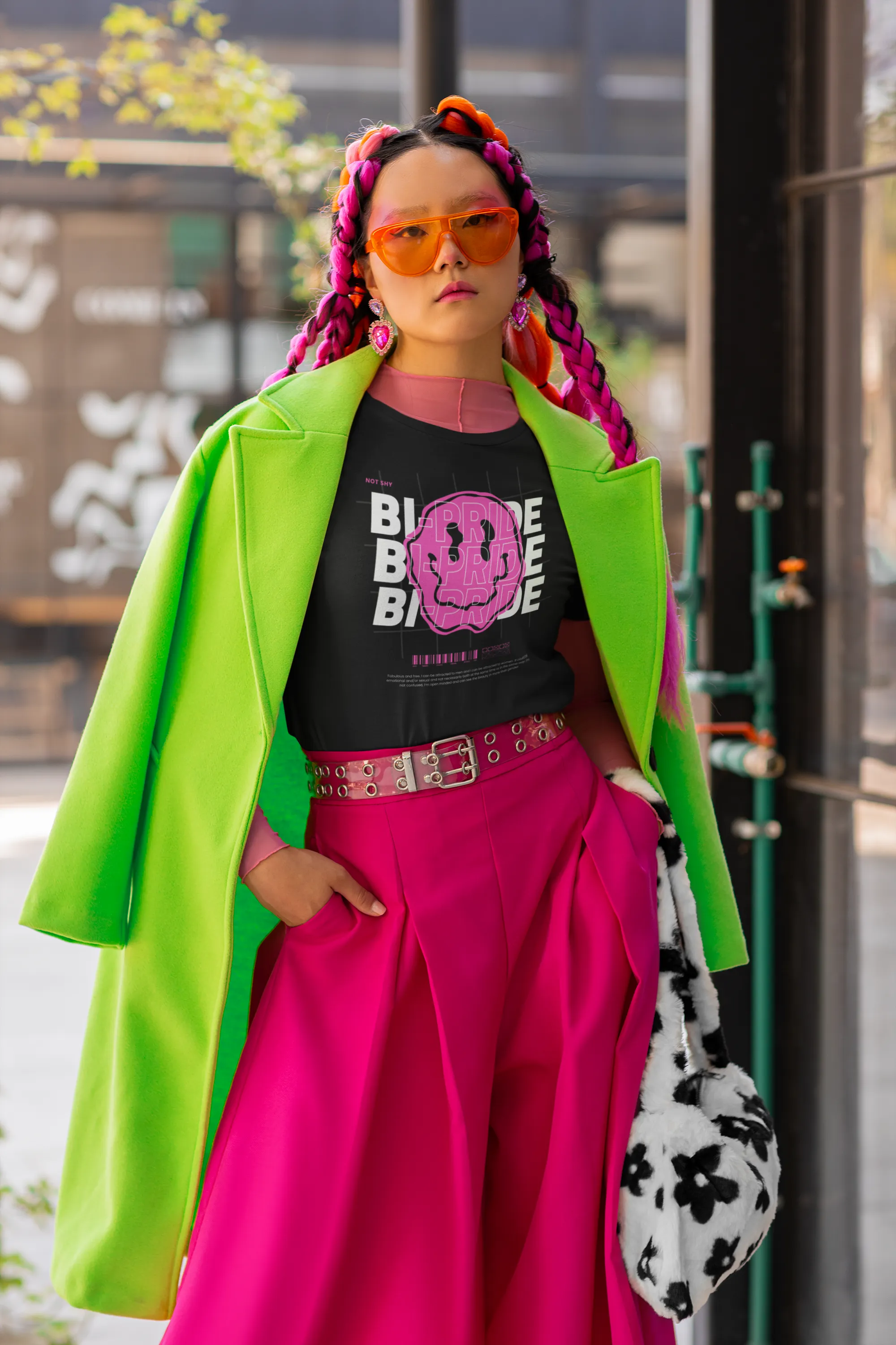 Bi-Pride Graphic Tee Pink Smiley Bisexual  Pride & Not Shy on front of Black Oversize Deep Drop Shoulder Tee - 190 GSM