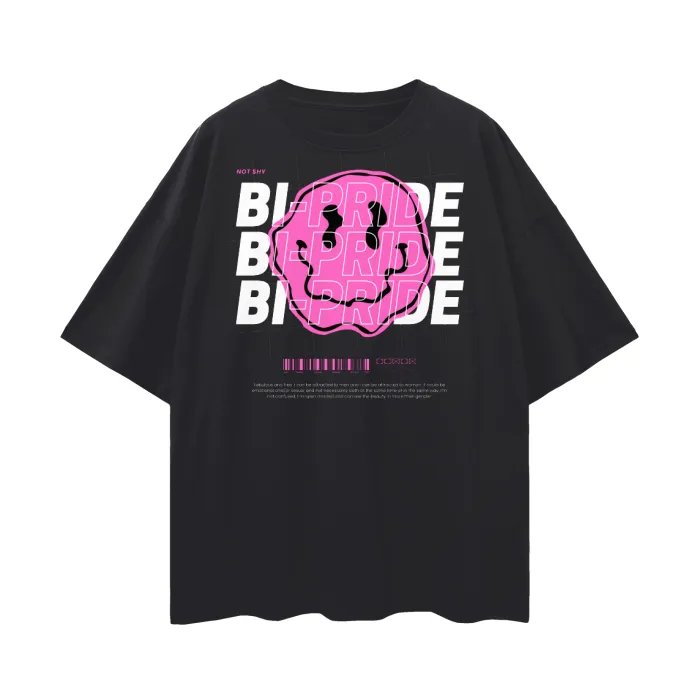 Bi-Pride Graphic Tee Pink Smiley Bisexual  Pride & Not Shy on front of Black Oversize Deep Drop Shoulder Tee - 190 GSM
