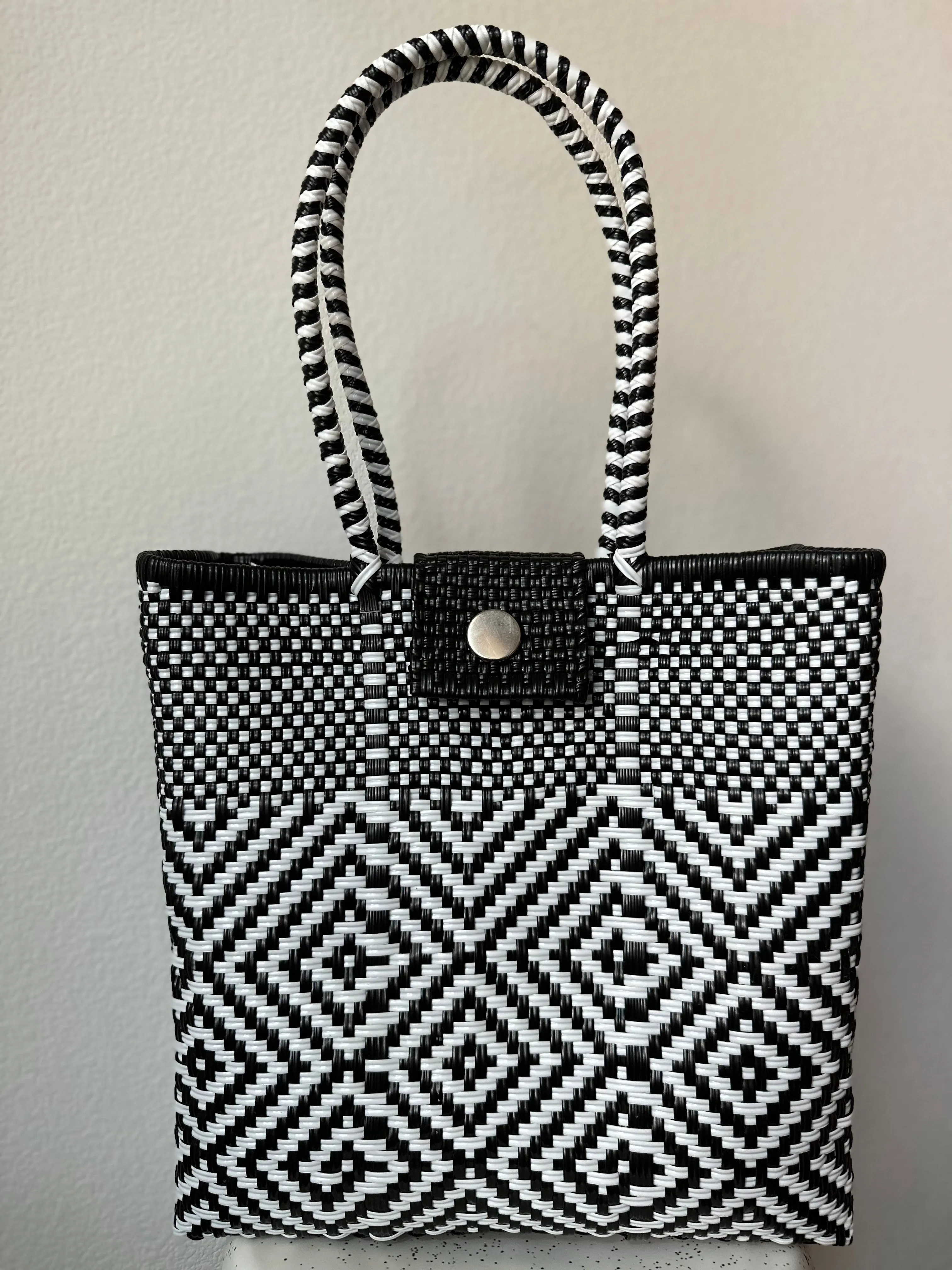 Black and White Woven Tote with Clasp