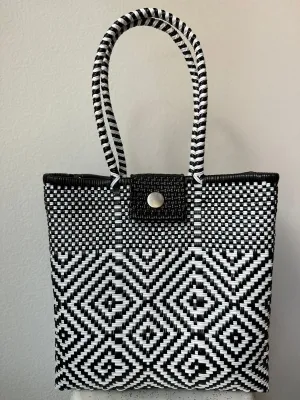 Black and White Woven Tote with Clasp