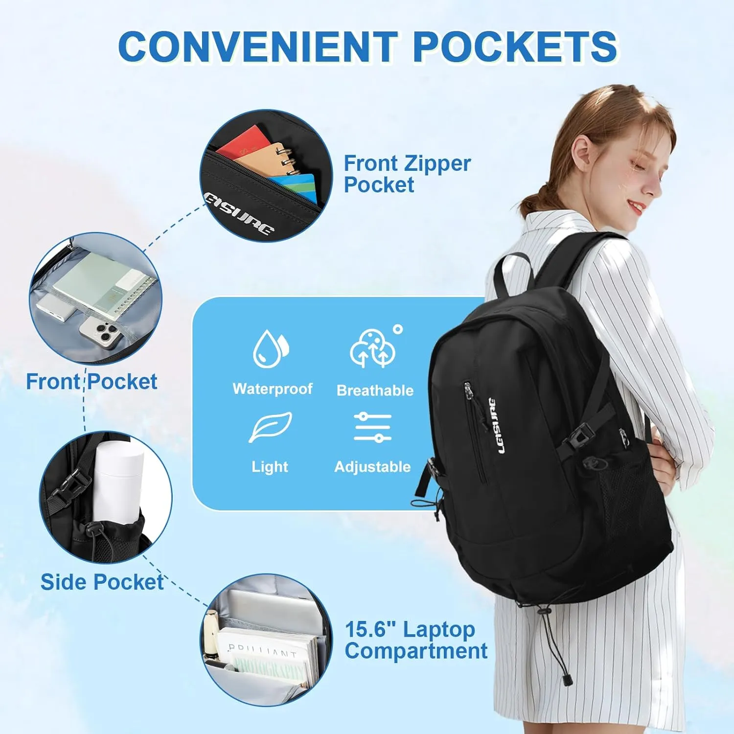 Black School Backpack for Teens Girs,College Backpacks for Women Men Water Resistant Middle Schoolbag Student Bookbag Aesthetic Backpack Work Travel Hiking Daypack