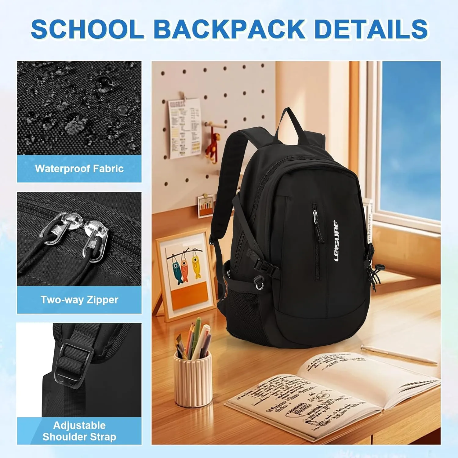 Black School Backpack for Teens Girs,College Backpacks for Women Men Water Resistant Middle Schoolbag Student Bookbag Aesthetic Backpack Work Travel Hiking Daypack
