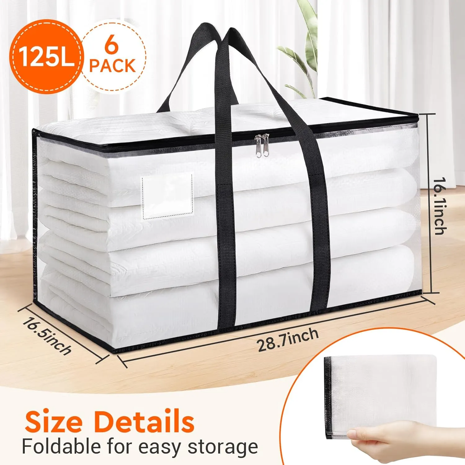 BlissTotes Moving Bags, 6-Pack Storage Bags, Heavy Duty Extra Large Bags, Moving Totes, Clear moving Bag, Reinforced Handles & Tag Pocket (125L)
