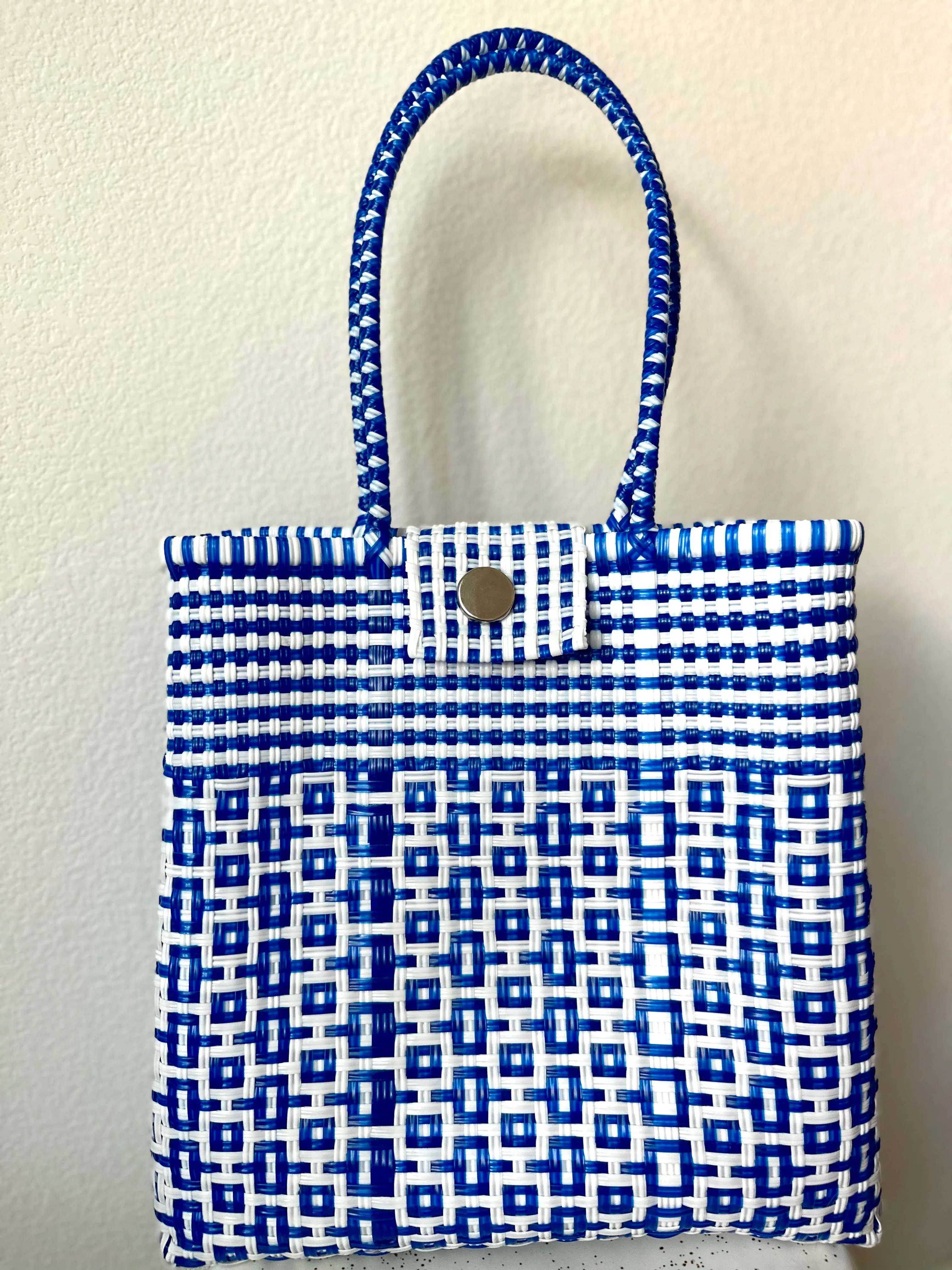 Blue and White Woven Tote with Clasp