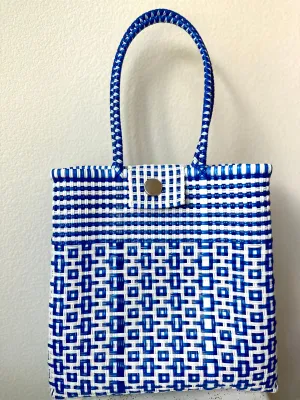 Blue and White Woven Tote with Clasp