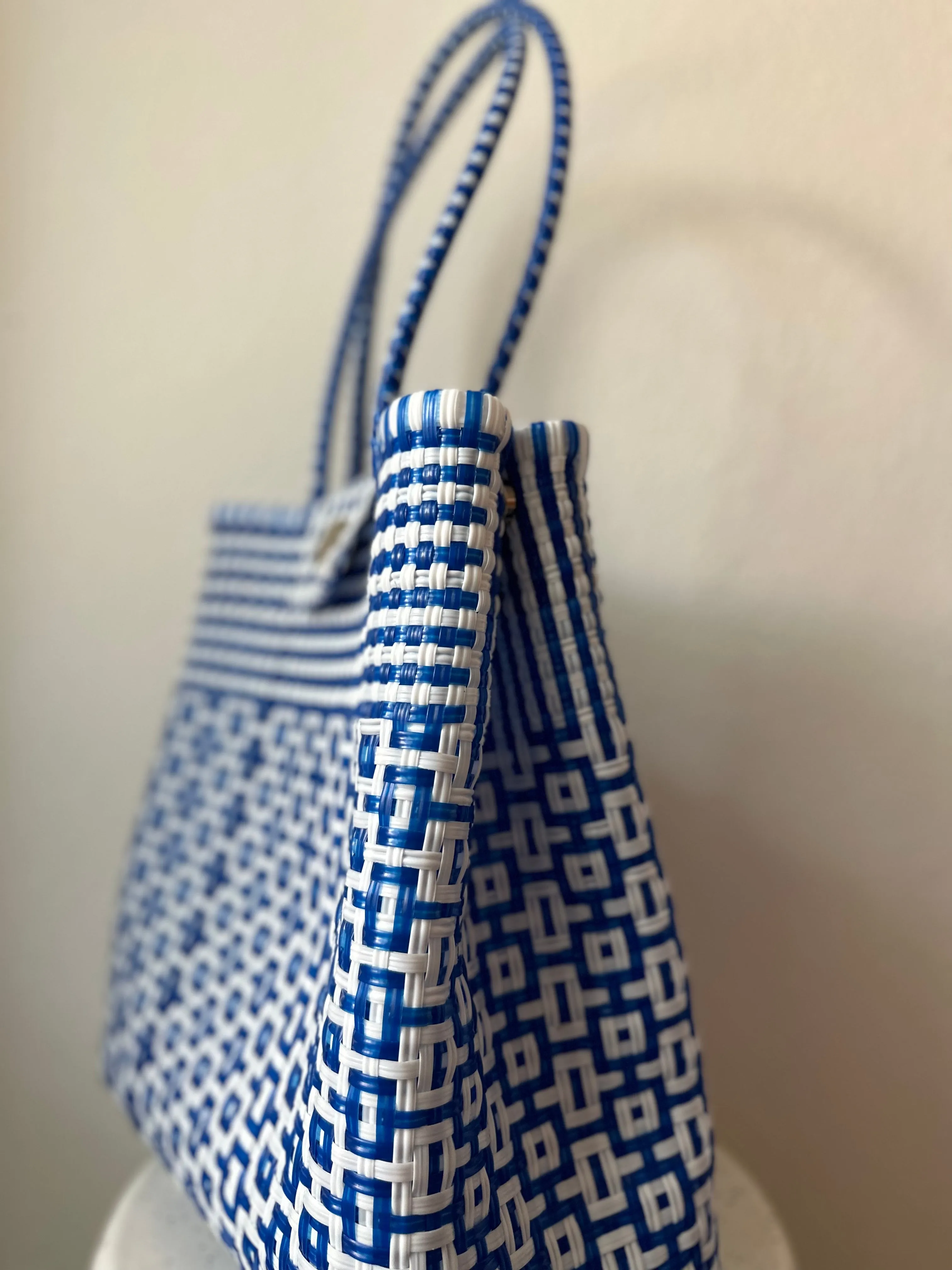 Blue and White Woven Tote with Clasp