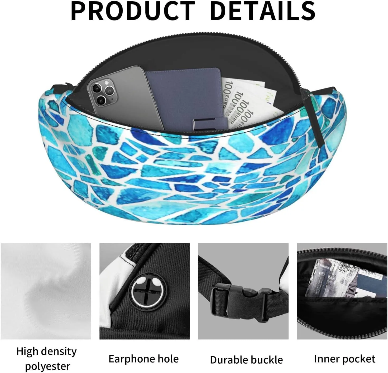 Blue Mosaic Fanny Pack, Crossbody Waist Packs for Women Men Waist Bags with Adjustable Strap for Travel Running Hiking Sport