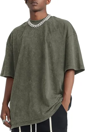 Bobeutou Oversized Vintage Acid Wash Tshirt for Men Cotton Solid T Shirt Streetwear Basic Tees Casual Baggy Loose Shirts Tops