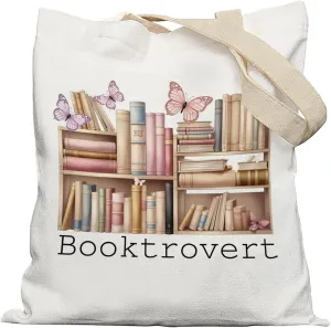 Booktrovert Library Tote, Book Lover Gifts for Women, Gifts for Readers Librarians, Reusable Grocery Bags Shopping Bags