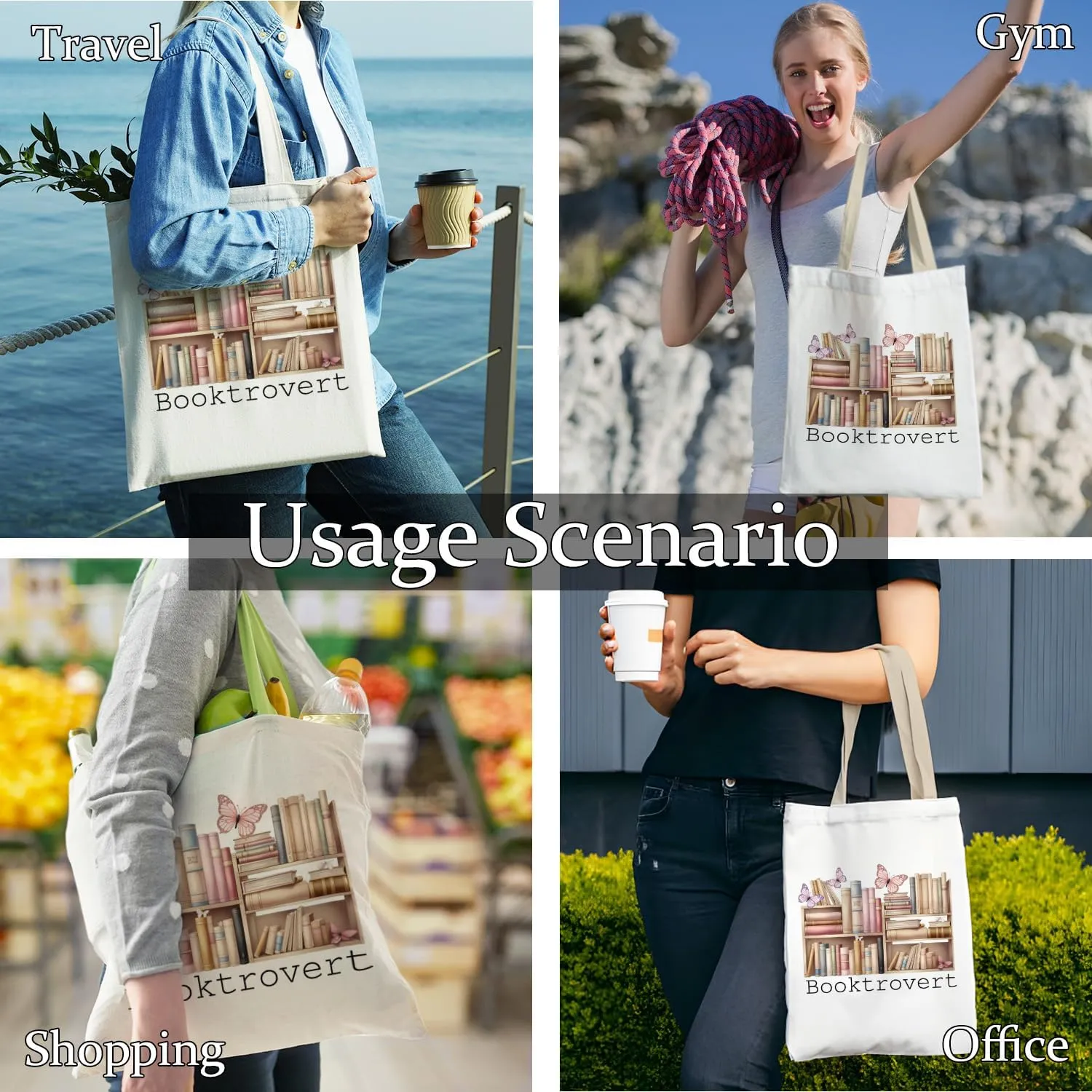 Booktrovert Library Tote, Book Lover Gifts for Women, Gifts for Readers Librarians, Reusable Grocery Bags Shopping Bags