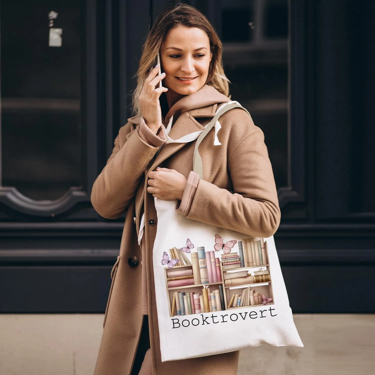 Booktrovert Library Tote, Book Lover Gifts for Women, Gifts for Readers Librarians, Reusable Grocery Bags Shopping Bags