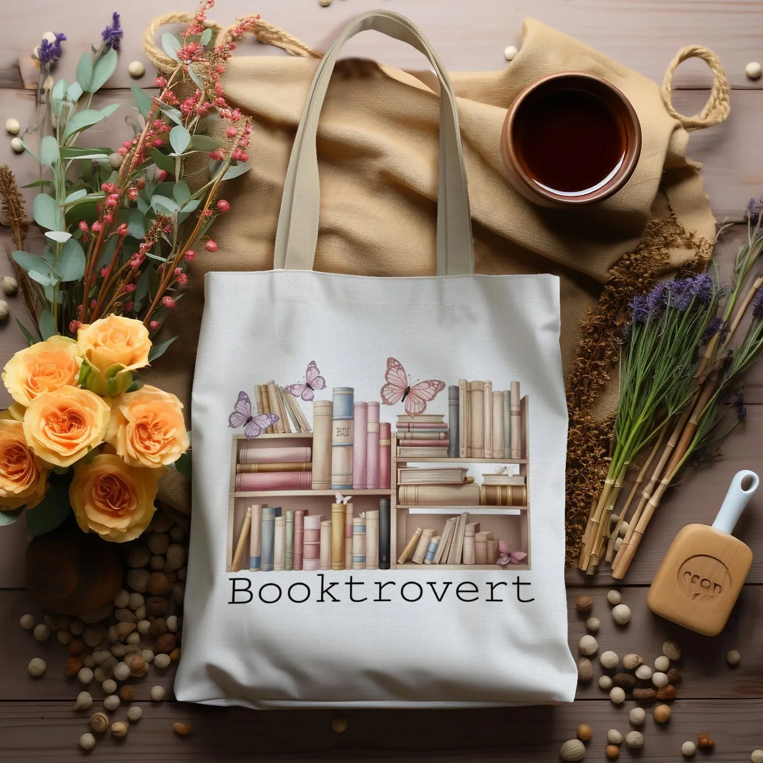 Booktrovert Library Tote, Book Lover Gifts for Women, Gifts for Readers Librarians, Reusable Grocery Bags Shopping Bags