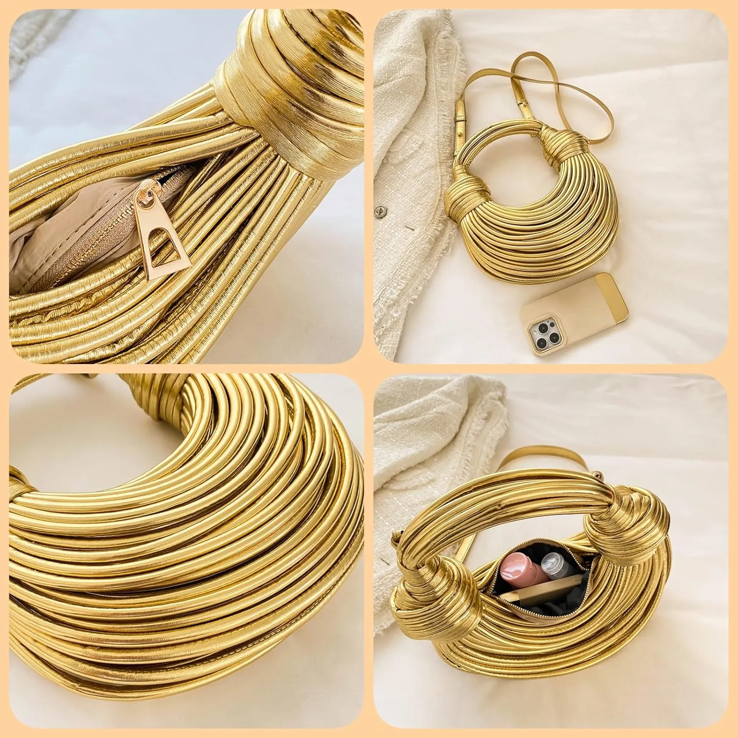 Bread Crossbody Bag for Women, Trendy Woven Clutch Purse Small Top Handle Leather Handbag Hand-Woven Noodles Satchel Bag