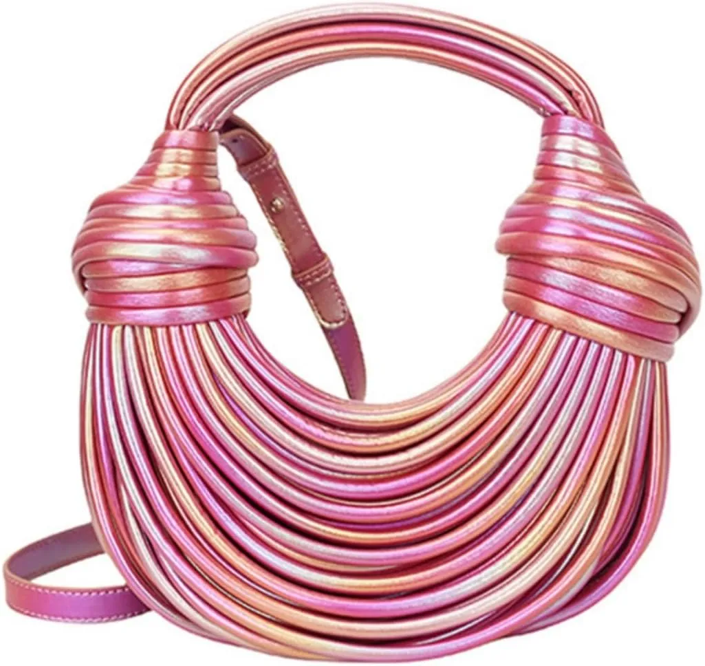 Bread Crossbody Bag for Women, Trendy Woven Clutch Purse Small Top Handle Leather Handbag Hand-Woven Noodles Satchel Bag
