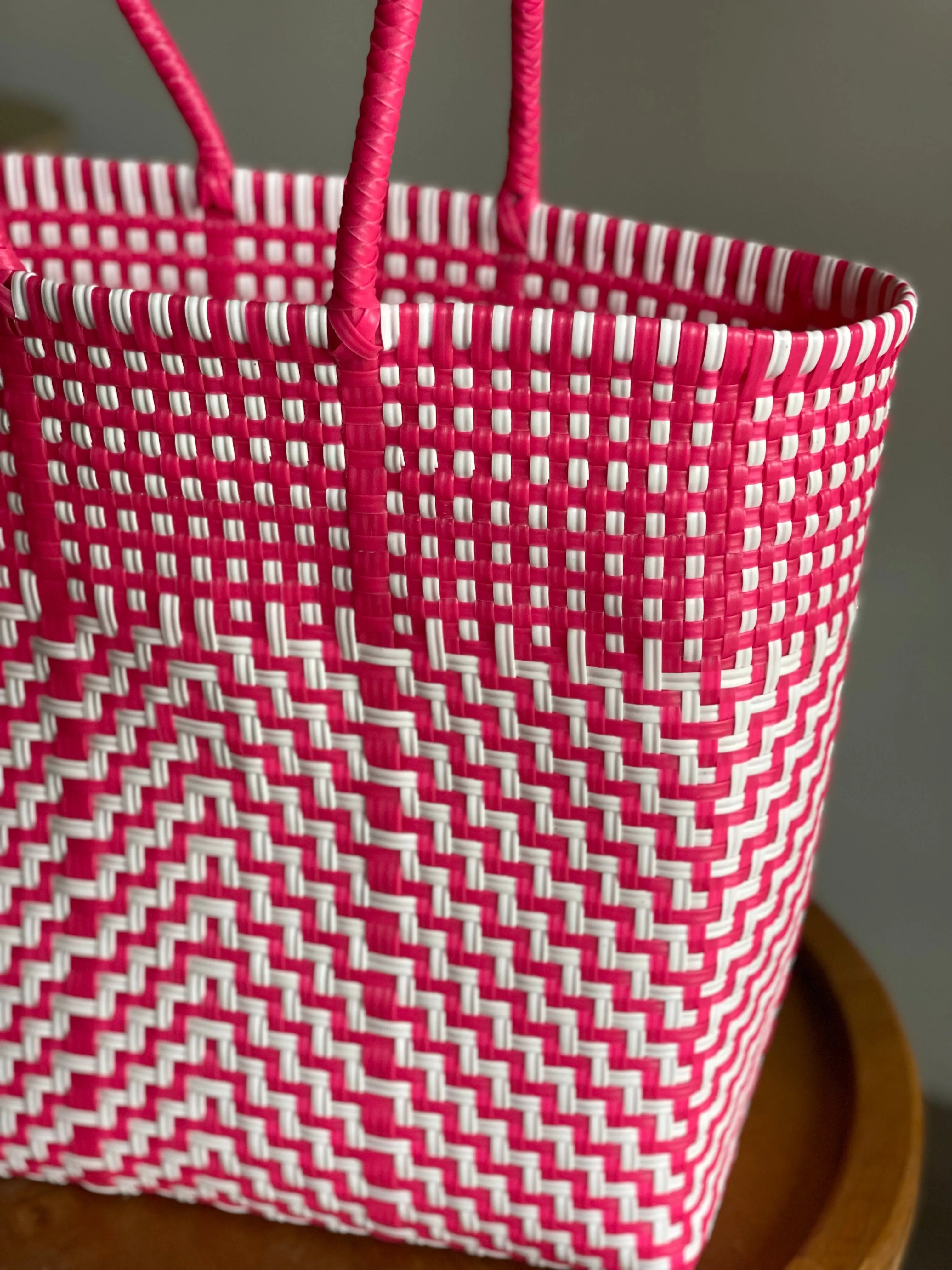 Bright Pink and White Woven Tote