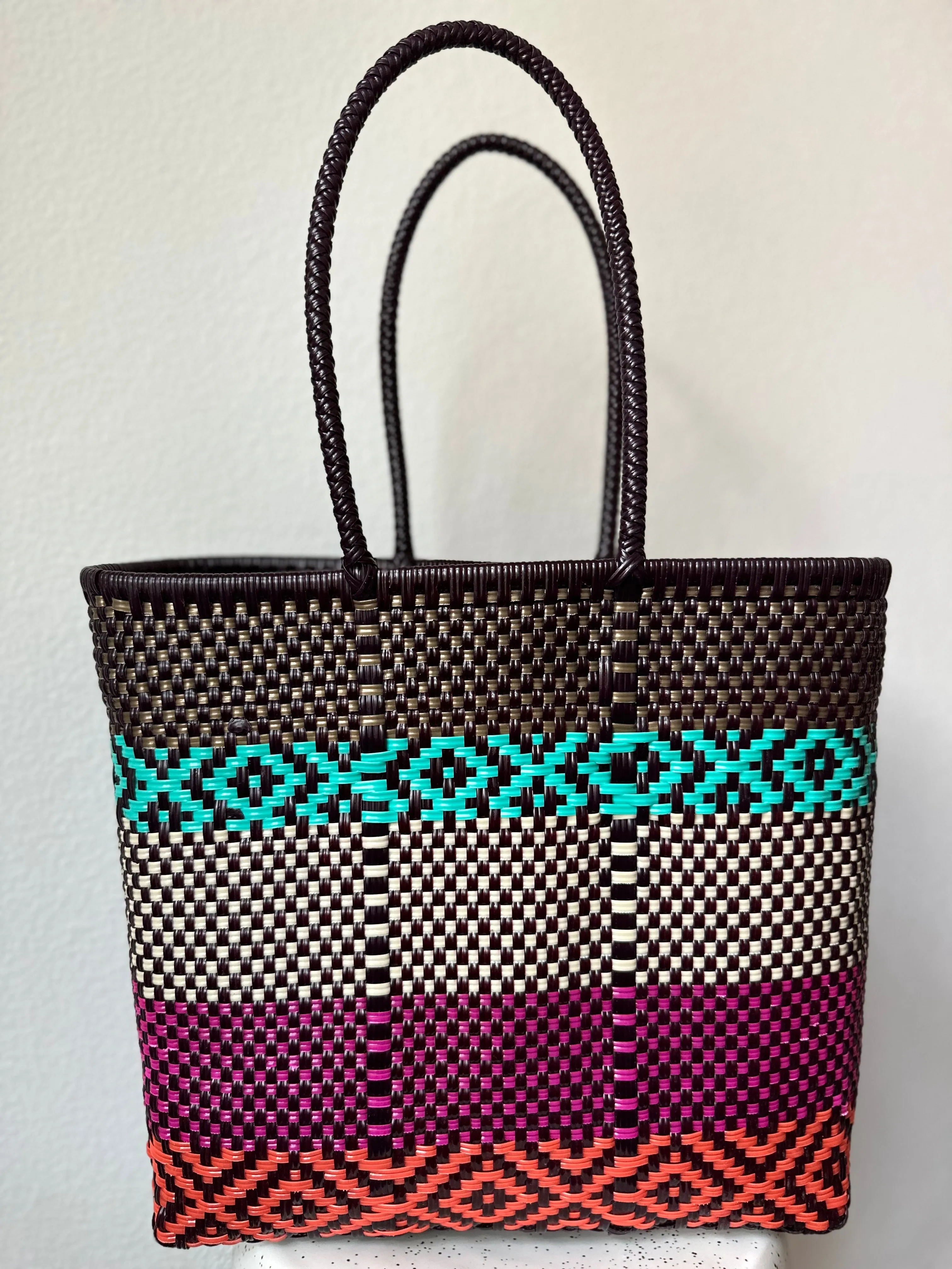 Brown, Magenta, Turquoise, Cream and Orange Woven Tote