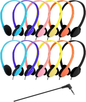 Bulk Headphones 12 Packs Classroom Headphones Student On Over Ear Earbuds for School in Individual Bags (12 Packs, 6 Colors)