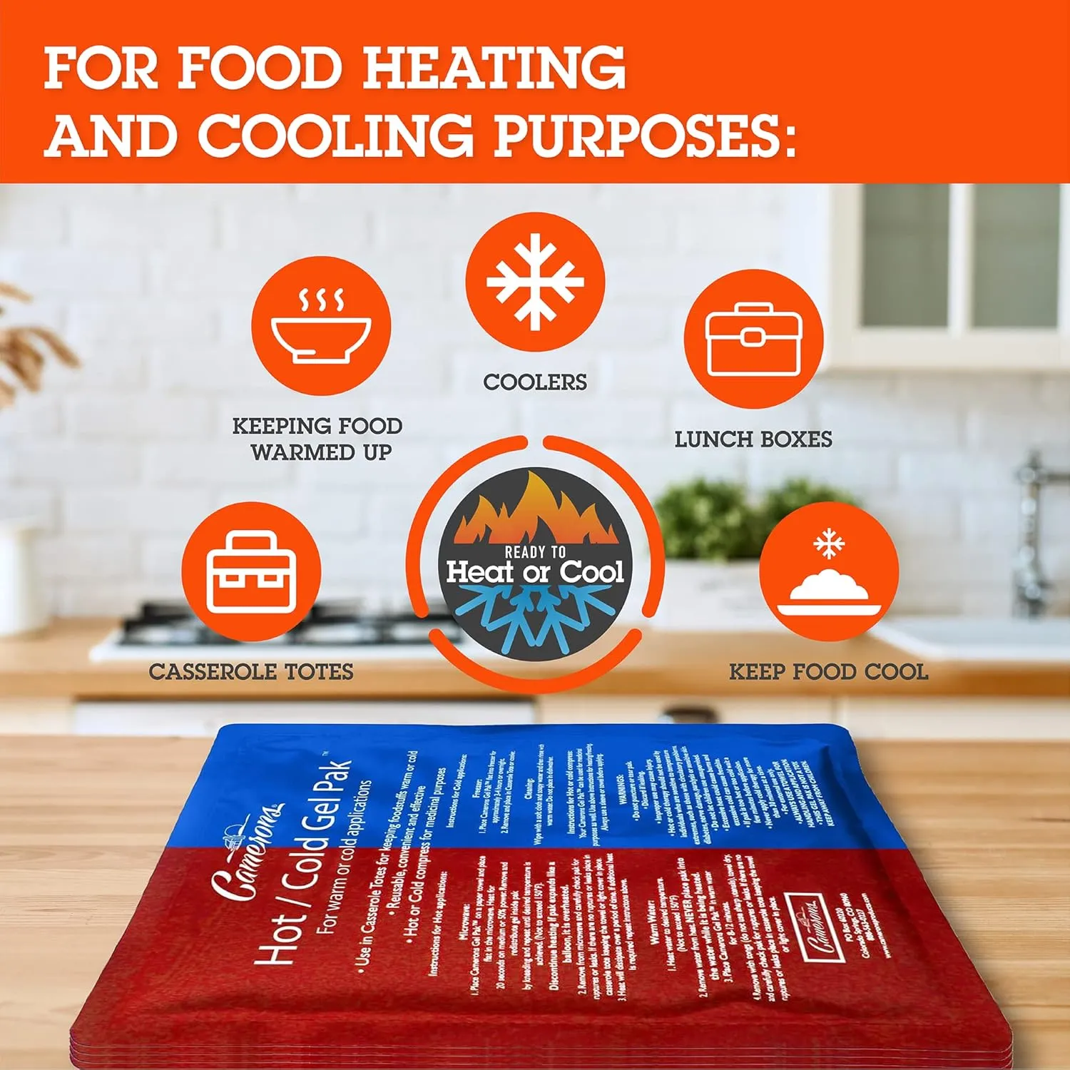 Camerons Hot or Cold Gel Pack - Set of 4 XL Ice & Heating Packs (8"x11")- Large Reusable Paks Keep Temp - Use in Casserole Carrier & Lunch Box for Food -Use as Warm & Cold Compress & Physical Therapy