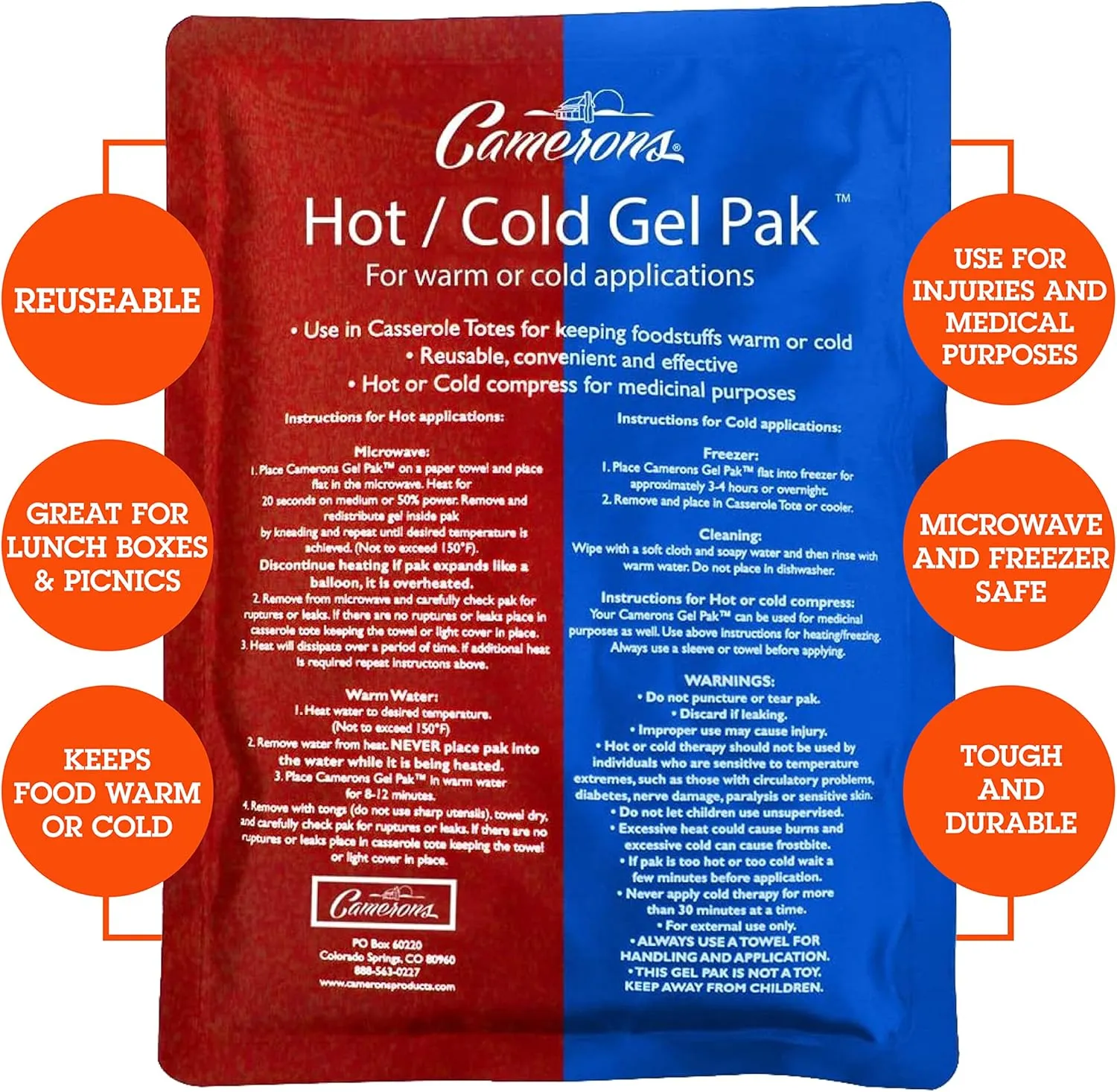 Camerons Hot or Cold Gel Pack - Set of 4 XL Ice & Heating Packs (8"x11")- Large Reusable Paks Keep Temp - Use in Casserole Carrier & Lunch Box for Food -Use as Warm & Cold Compress & Physical Therapy