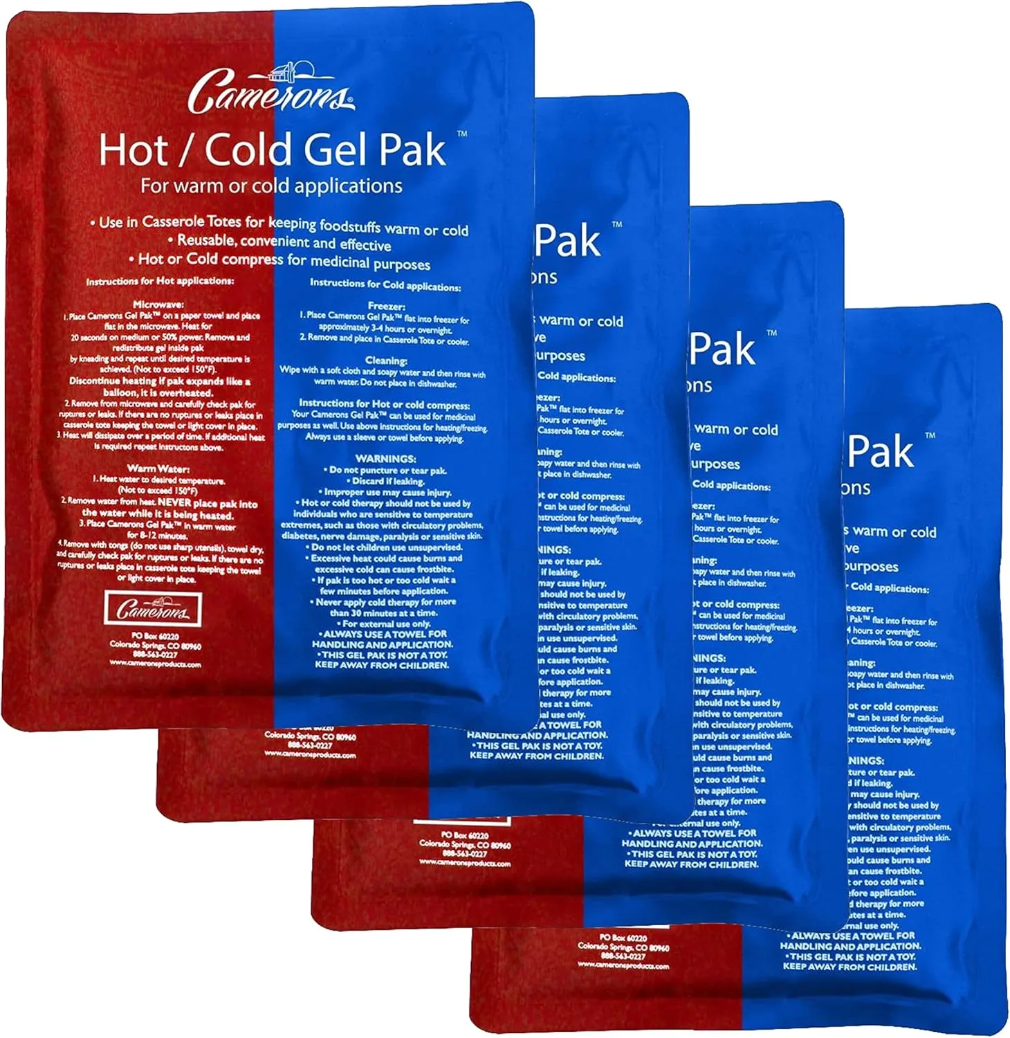 Camerons Hot or Cold Gel Pack - Set of 4 XL Ice & Heating Packs (8"x11")- Large Reusable Paks Keep Temp - Use in Casserole Carrier & Lunch Box for Food -Use as Warm & Cold Compress & Physical Therapy