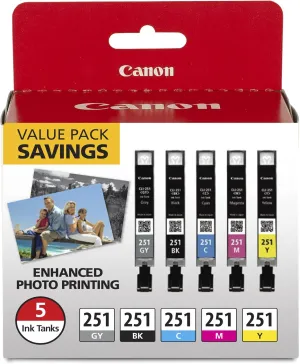 Canon CLI-251 Genuine 5 Color Value Pack, Compatible with MG7520, MG5620, and MG6620 Printers