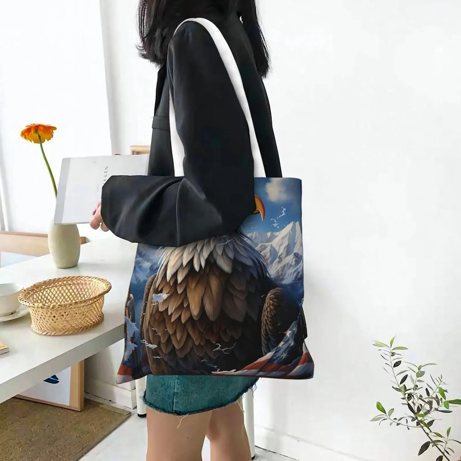 Canvas Tote Bag For Women Reusable Shopping Bag Casual Eagle Shoulder Bag Handbag For Travel