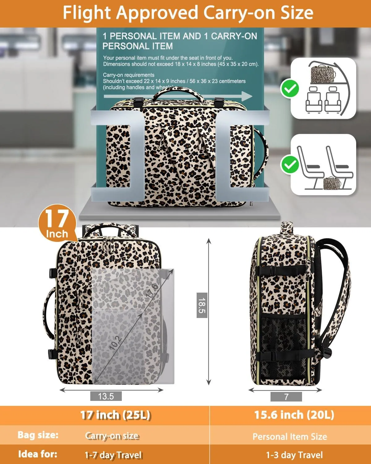 Capolo Travel Backpack for Women Men Waterproof Laptop Backpack Flight Approved Carry On Backpack Overnight Weekender Bag for Business, Work, Traveling Fits 17 '' Laptop, Leopard