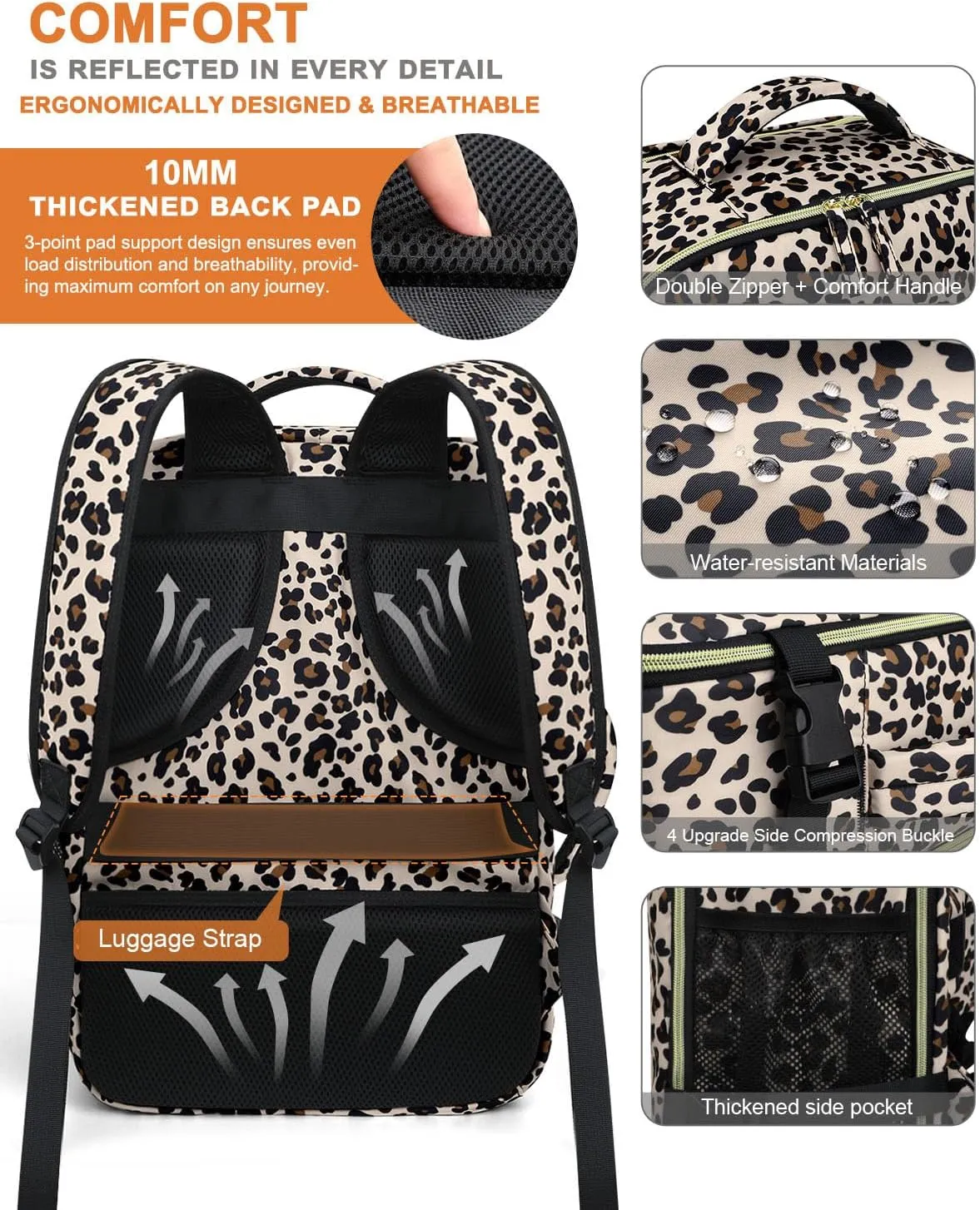 Capolo Travel Backpack for Women Men Waterproof Laptop Backpack Flight Approved Carry On Backpack Overnight Weekender Bag for Business, Work, Traveling Fits 17 '' Laptop, Leopard