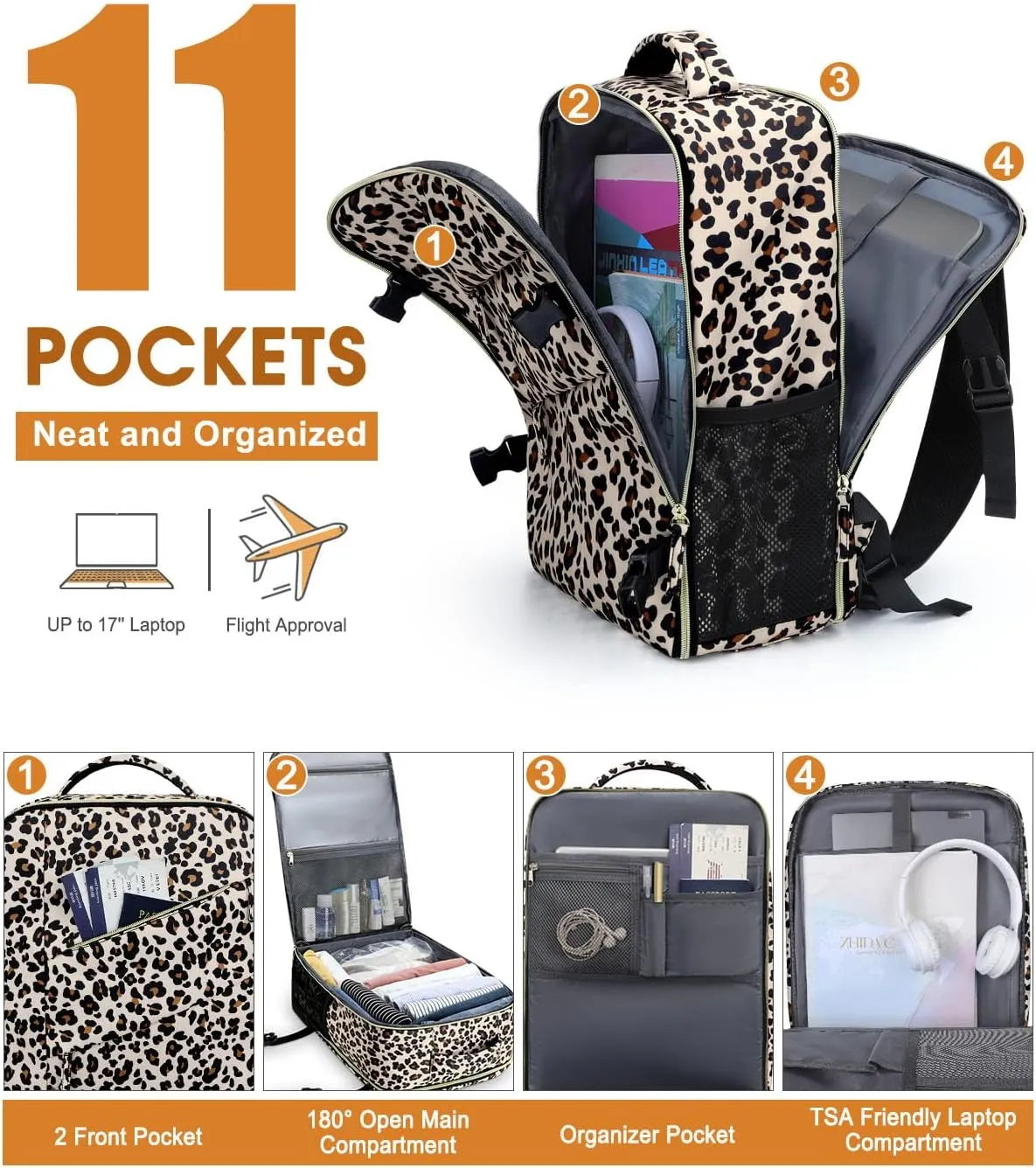 Capolo Travel Backpack for Women Men Waterproof Laptop Backpack Flight Approved Carry On Backpack Overnight Weekender Bag for Business, Work, Traveling Fits 17 '' Laptop, Leopard