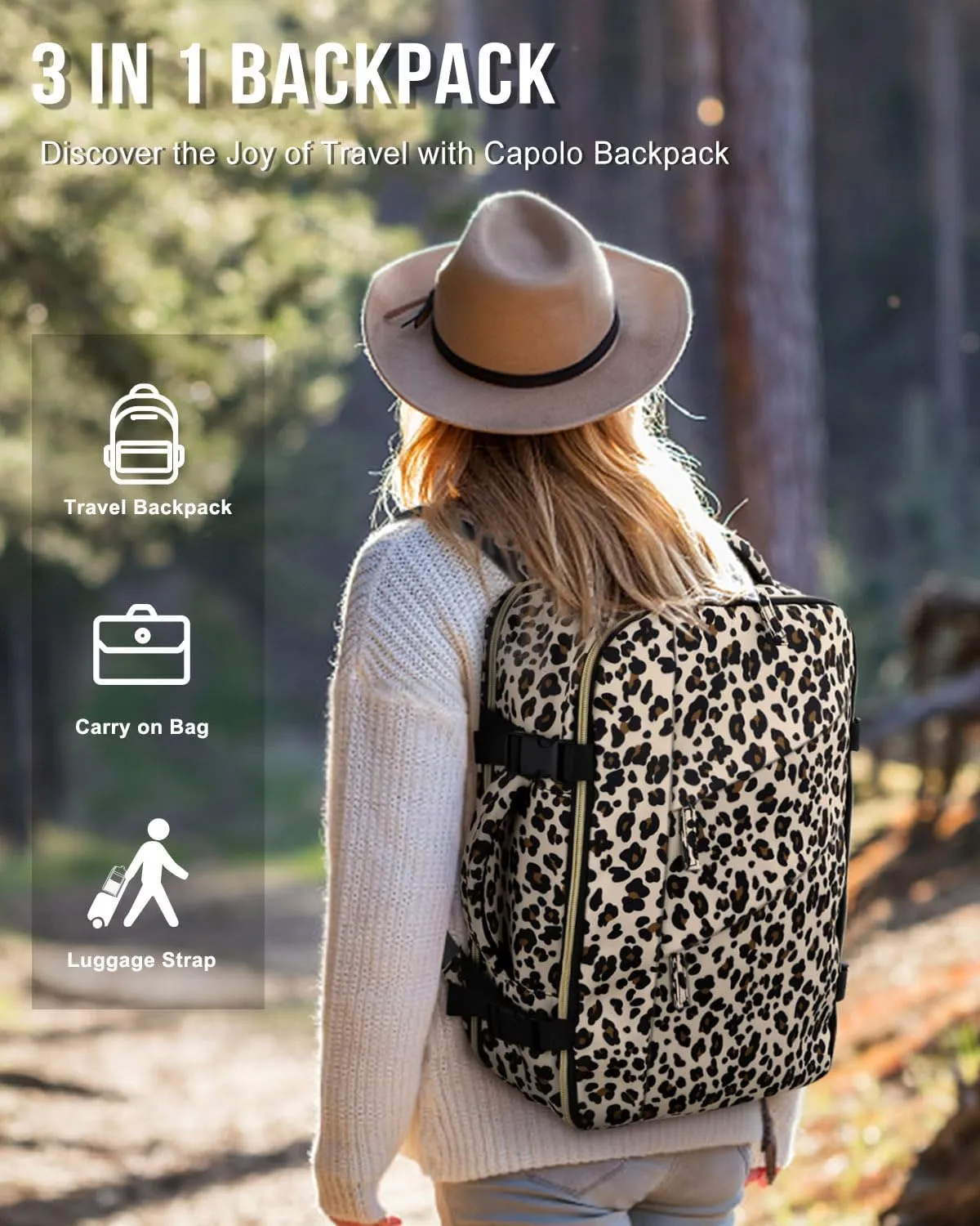Capolo Travel Backpack for Women Men Waterproof Laptop Backpack Flight Approved Carry On Backpack Overnight Weekender Bag for Business, Work, Traveling Fits 17 '' Laptop, Leopard