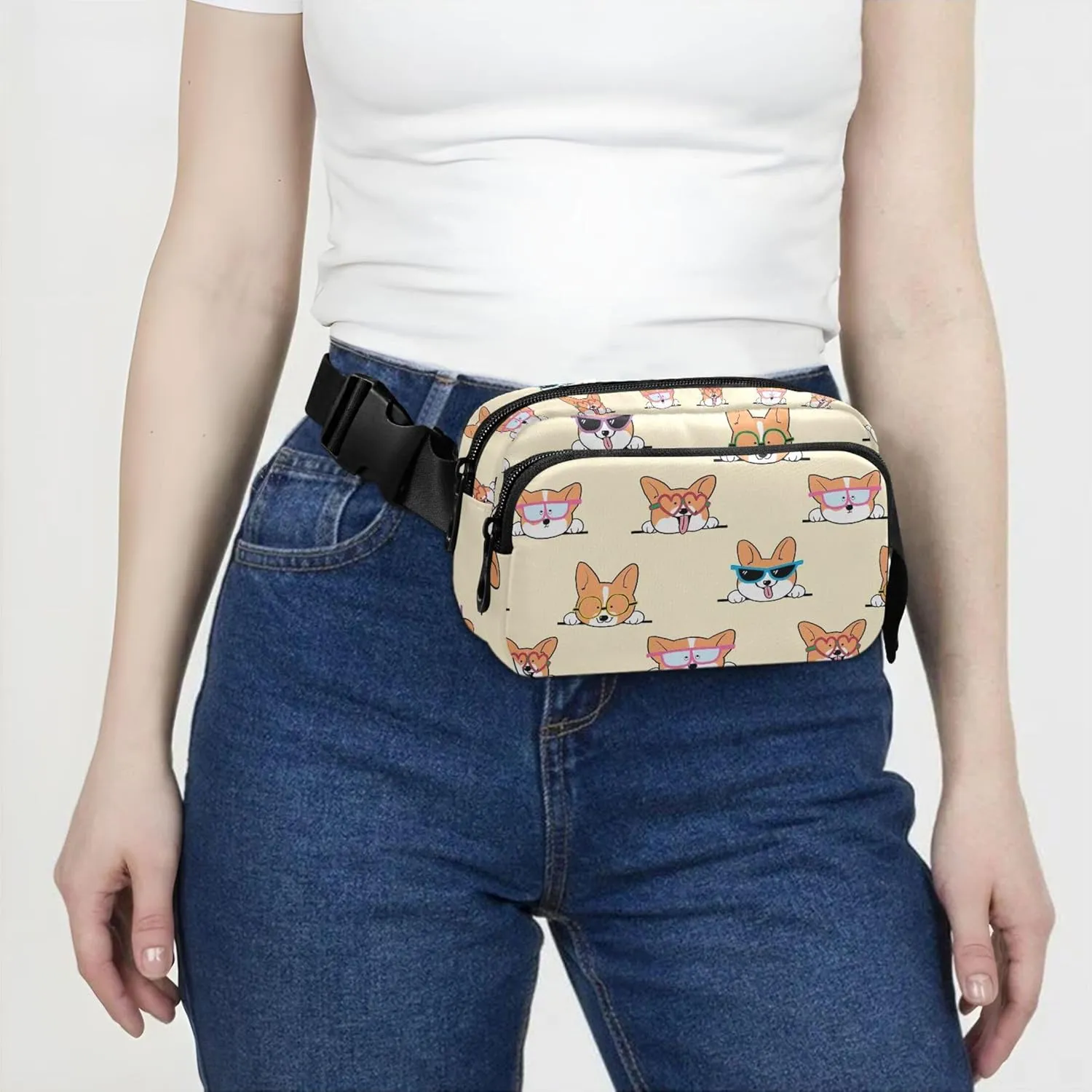 Cartoon Corgi Dog Cute Fanny Packs Women Neon Belt Bags Hip Pack Waterproof Waist Pouches for Men