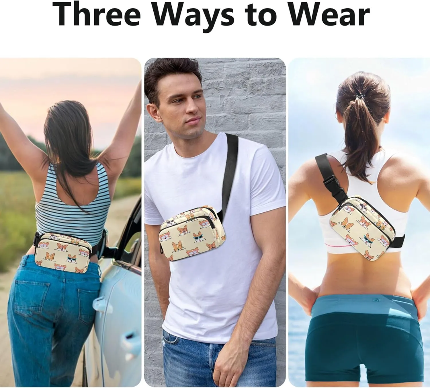 Cartoon Corgi Dog Cute Fanny Packs Women Neon Belt Bags Hip Pack Waterproof Waist Pouches for Men