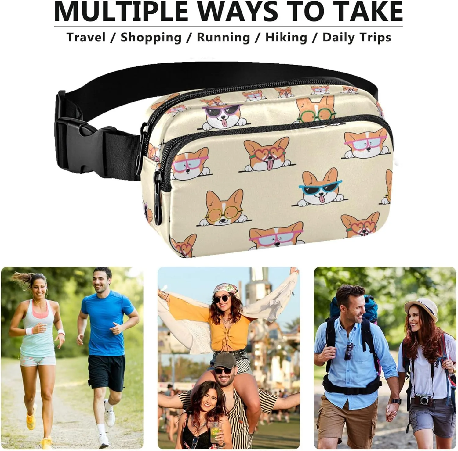 Cartoon Corgi Dog Cute Fanny Packs Women Neon Belt Bags Hip Pack Waterproof Waist Pouches for Men