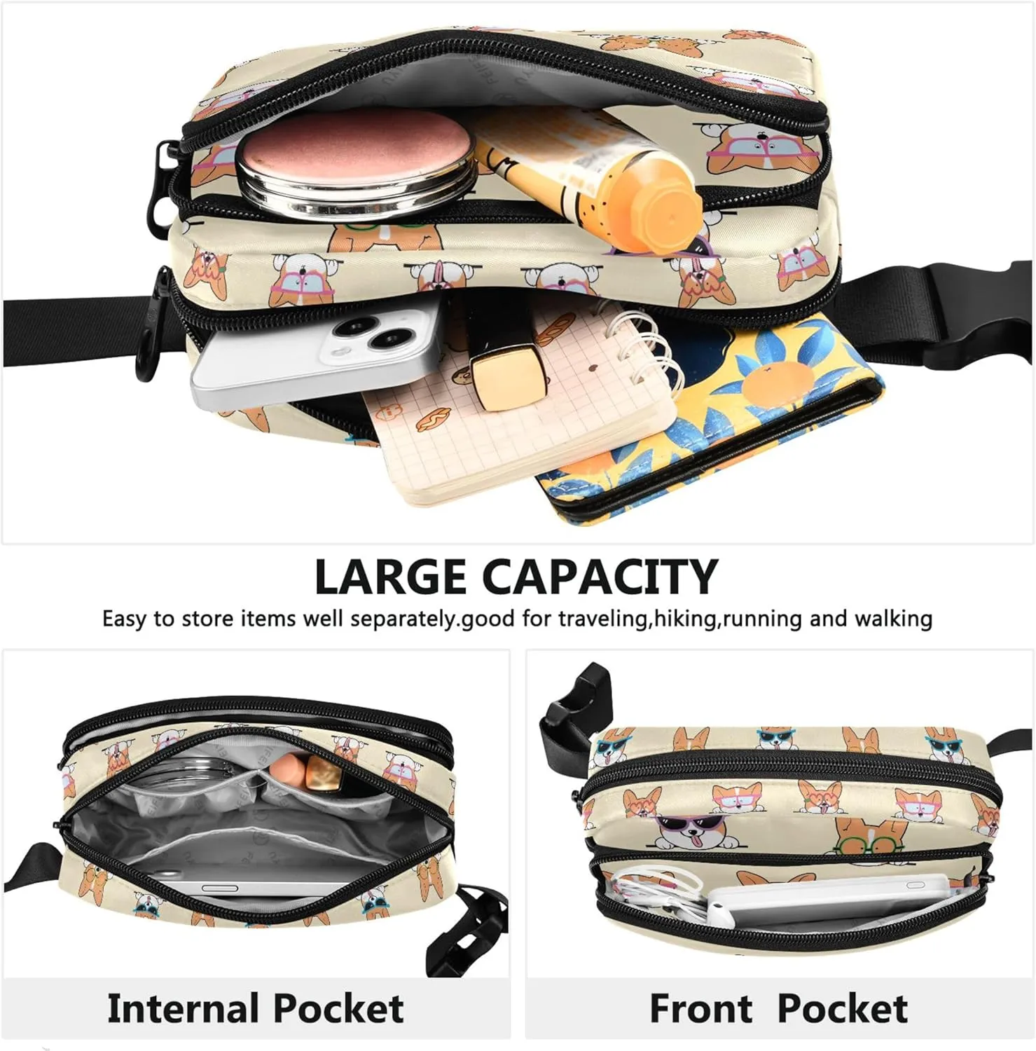Cartoon Corgi Dog Cute Fanny Packs Women Neon Belt Bags Hip Pack Waterproof Waist Pouches for Men
