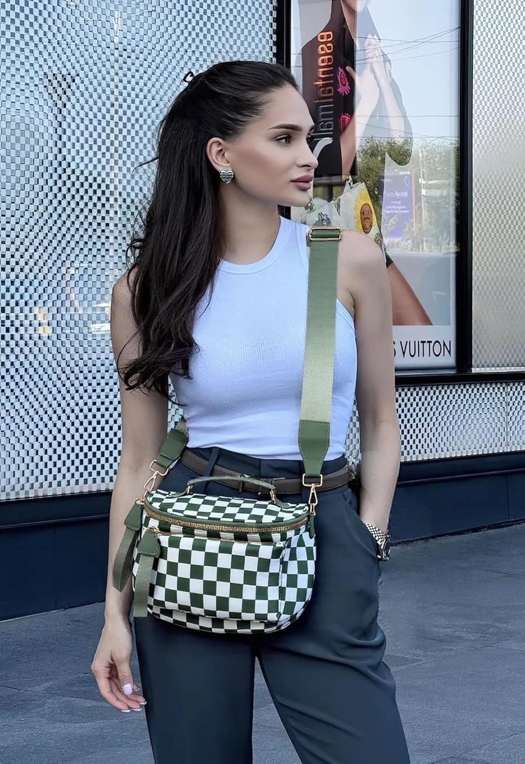 Checkered Crossbody Bag Bum Bag For Women,Spacious Checkered Purse Fanny Packs,Upgraded Version With Carry Handle (Handle Checkered - Bean Green)